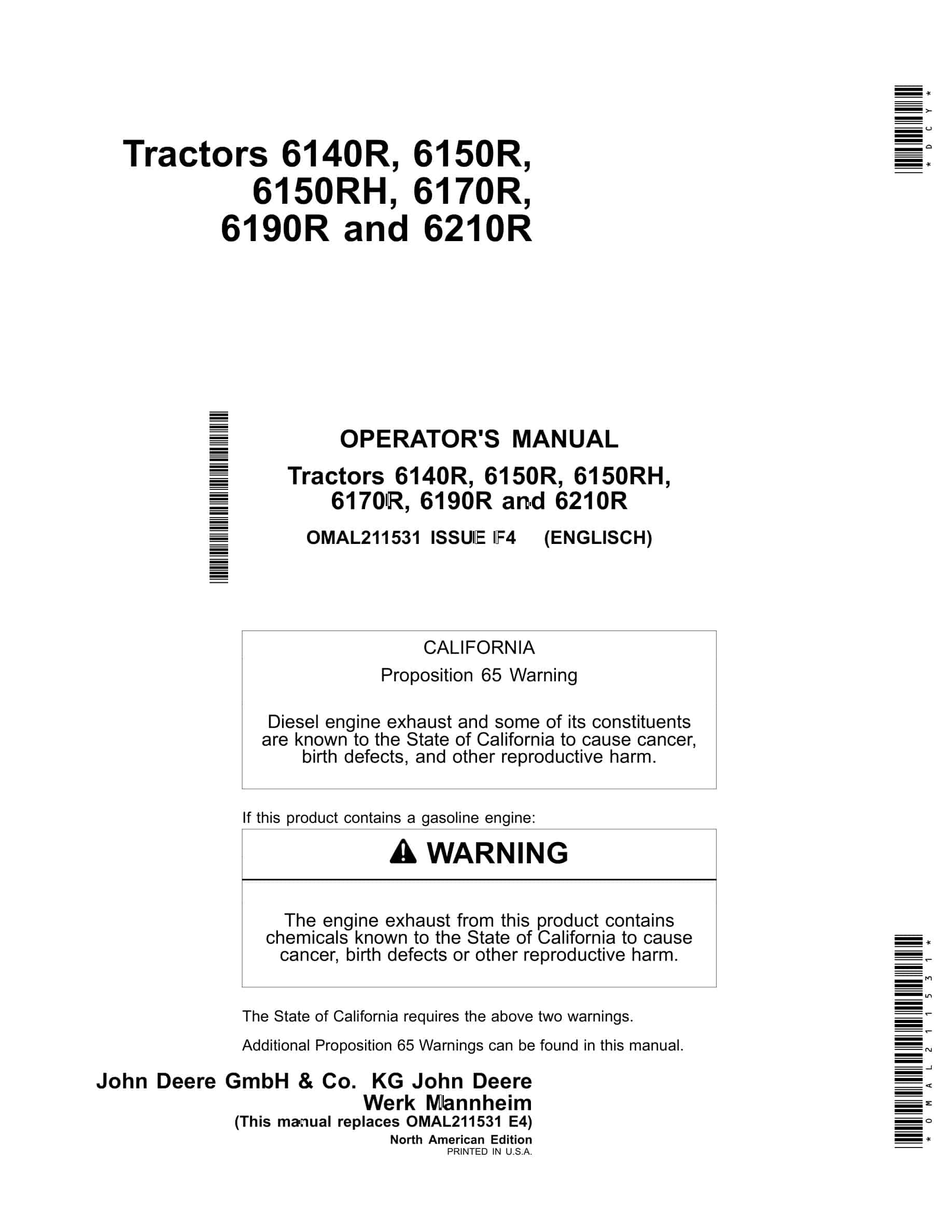John Deere 6140R, 6150R, 6150RH, 6170R, 6190R and 6210R Tractor Operator Manual OMAL211531-1