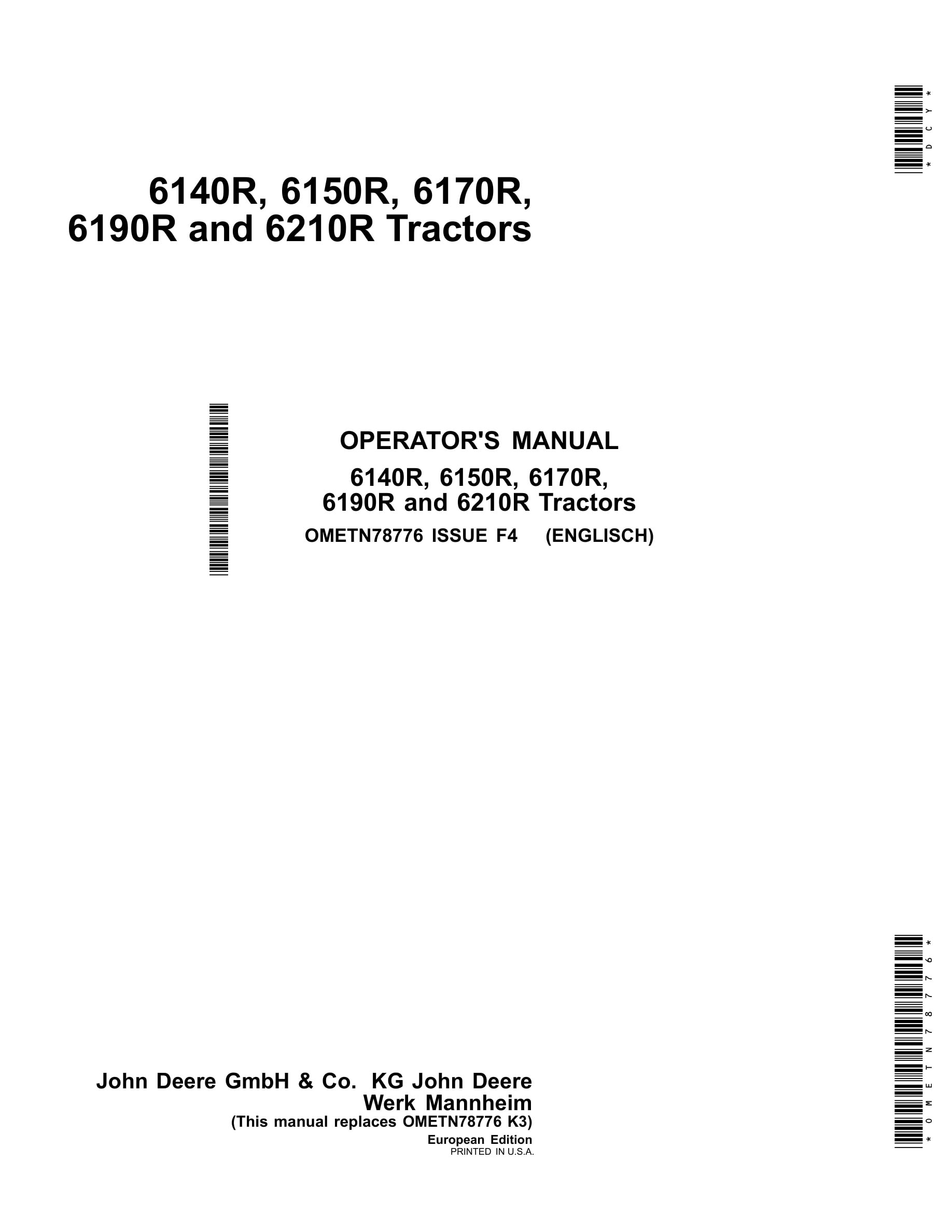 John Deere 6140r, 6150r, 6170r, 6190r And 6210r Tractors Operator Manuals OMETN78776-1