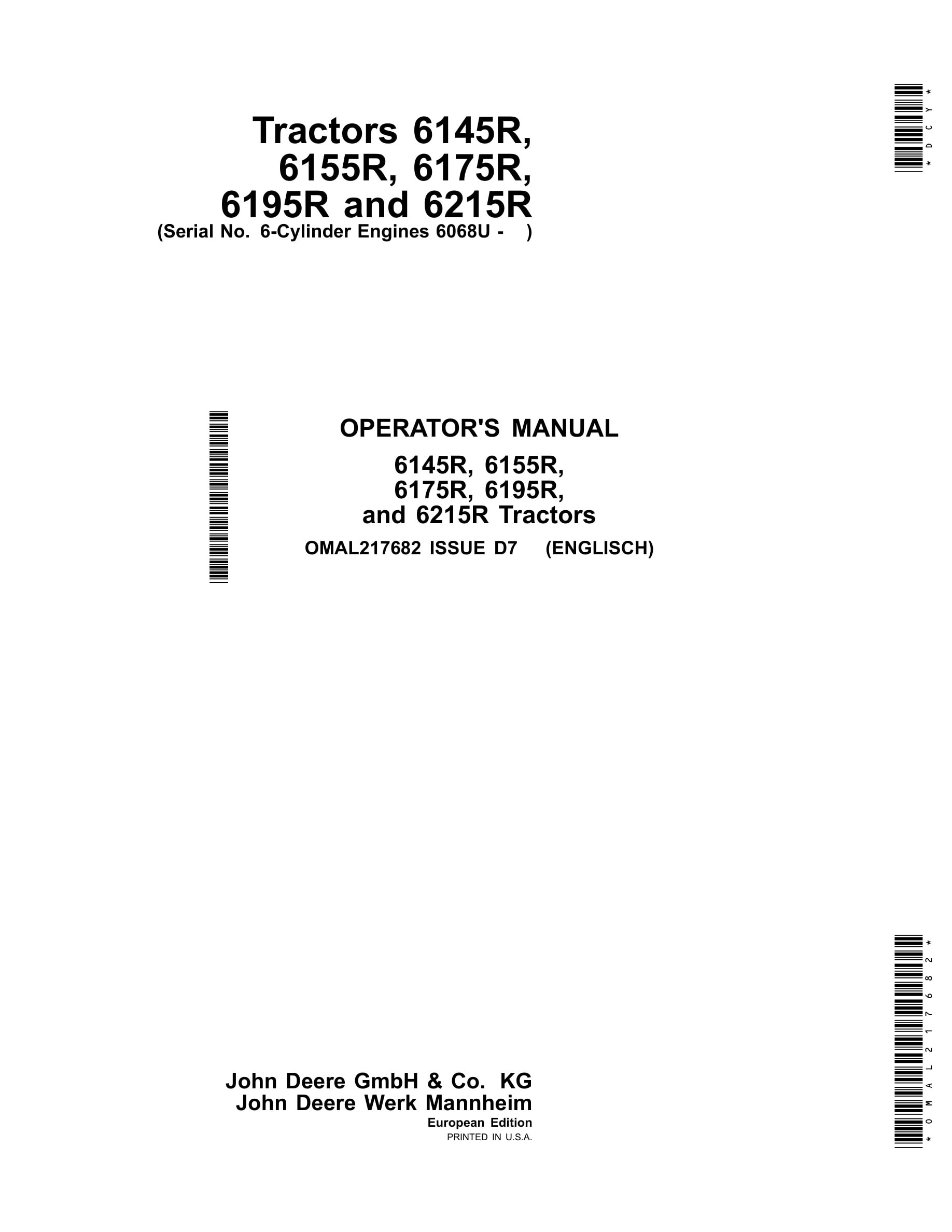 John Deere 6145r, 6155r, 6175r, 6195r, And 6215r Tractors Operator Manuals OMAL217682-1
