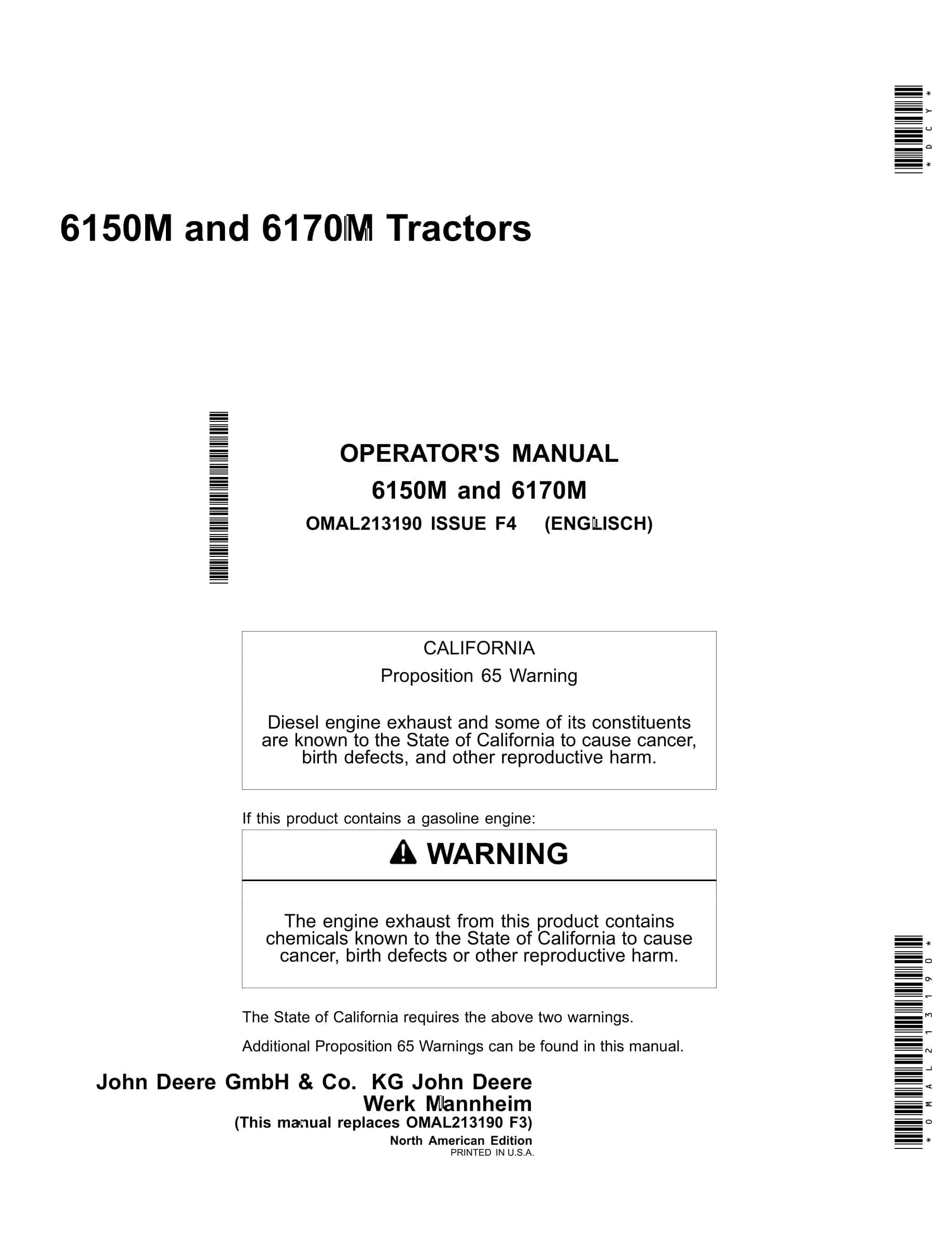 John Deere 6150M and 6170M Tractor Operator Manual OMAL213190-1