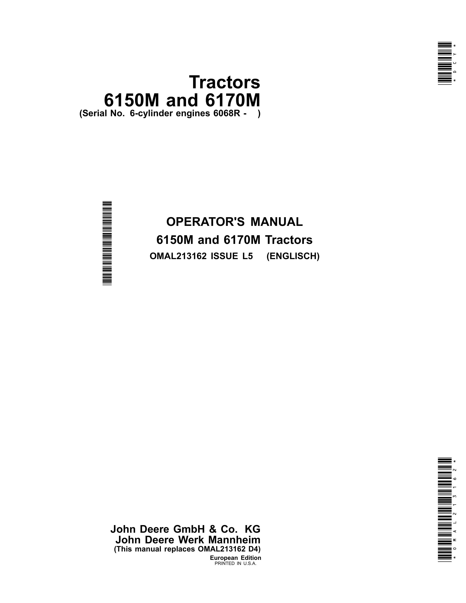 John Deere 6150m And 6170m Tractors Operator Manuals OMAL213162-1