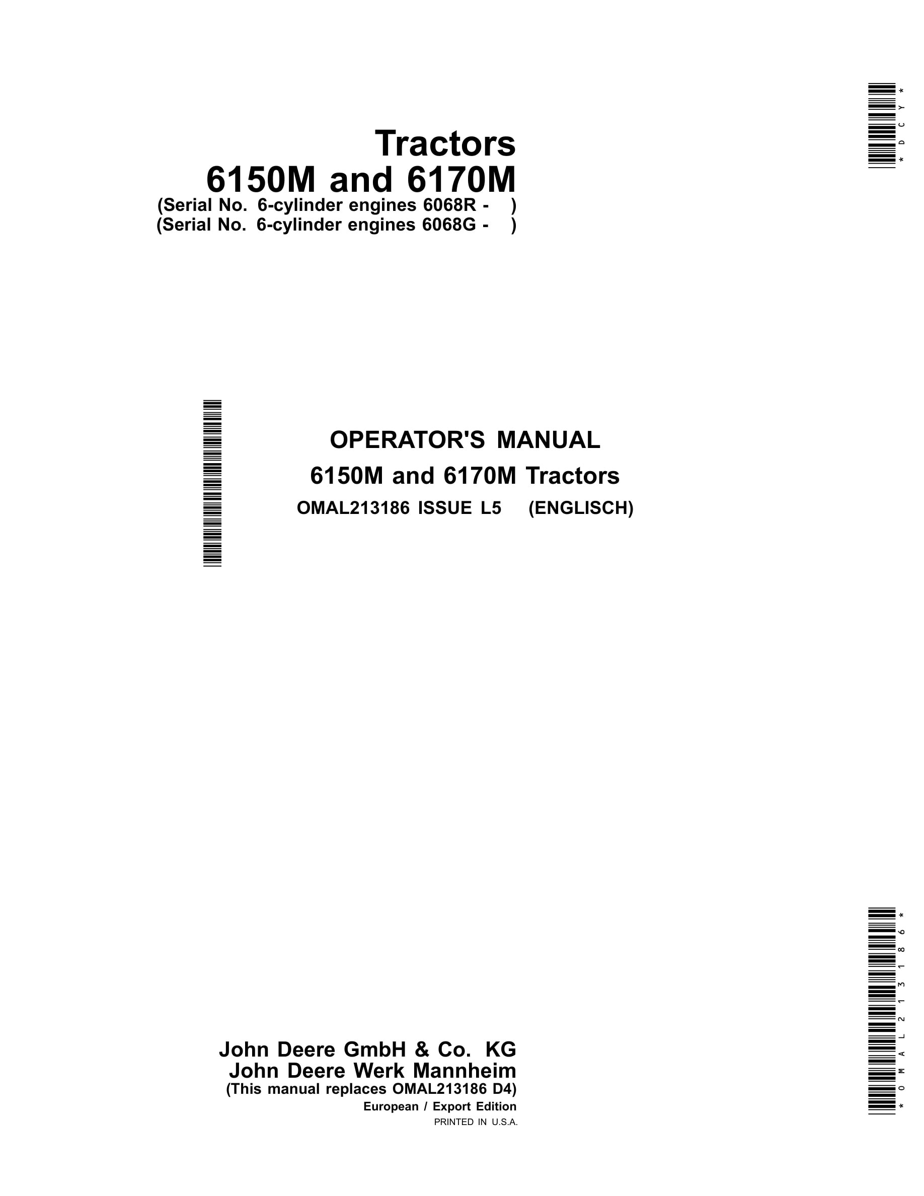 John Deere 6150m And 6170m Tractors Operator Manuals OMAL213186-1