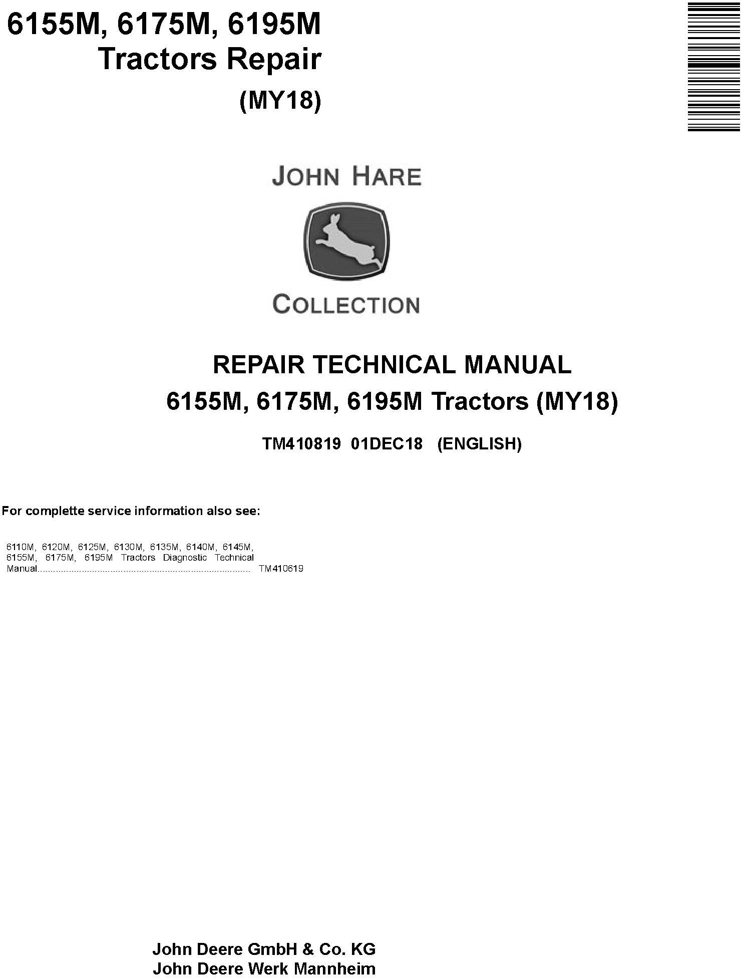 John Deere 6155M 6175M 6195M Tractor Repair Technical Manual TM410819