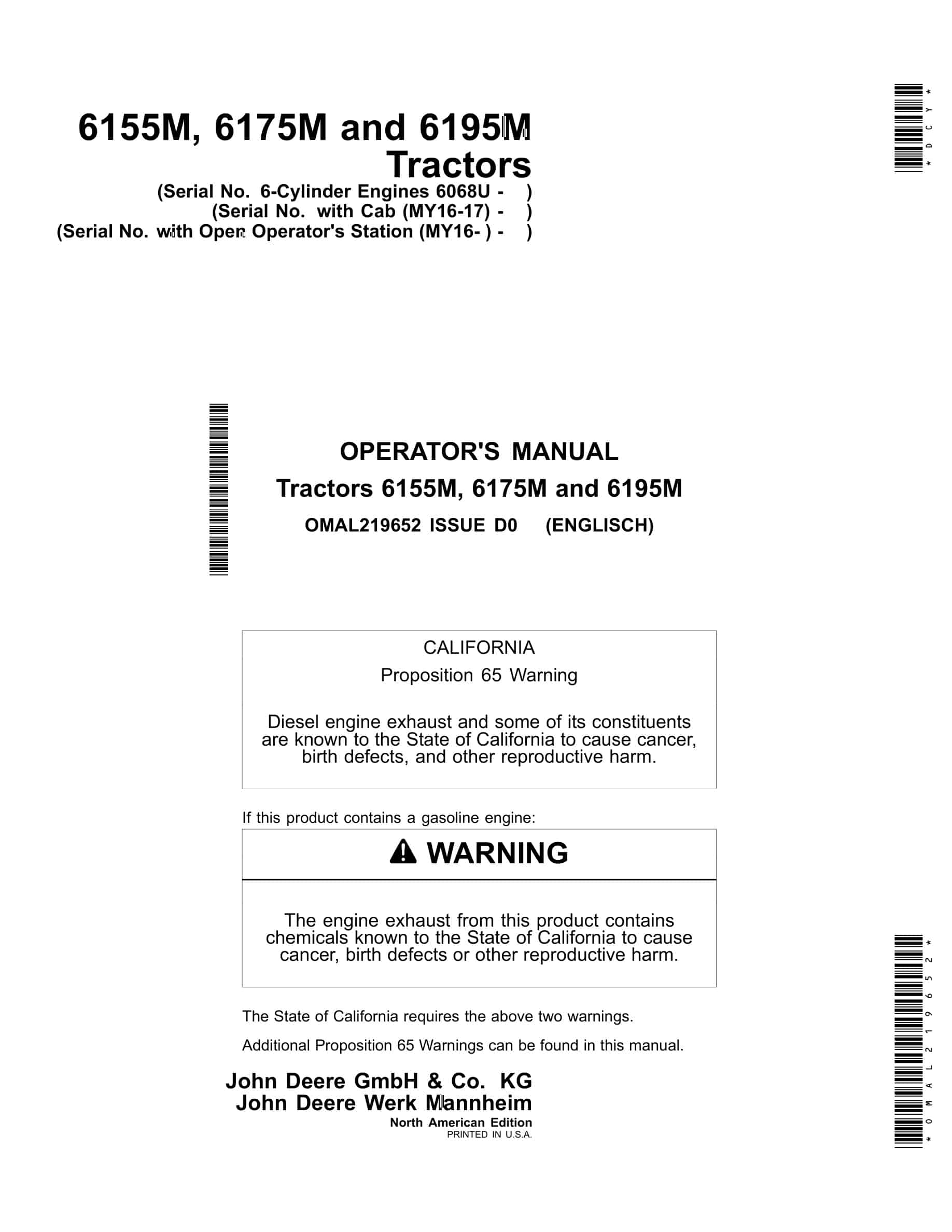 John Deere 6155M, 6175M and 6195M Tractor Operator Manual OMAL219652-1