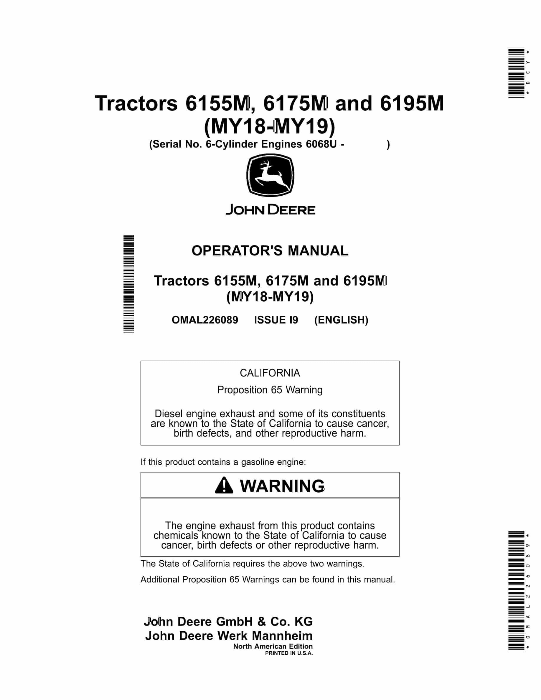 John Deere 6155M, 6175M and 6195M Tractor Operator Manual OMAL226089-1