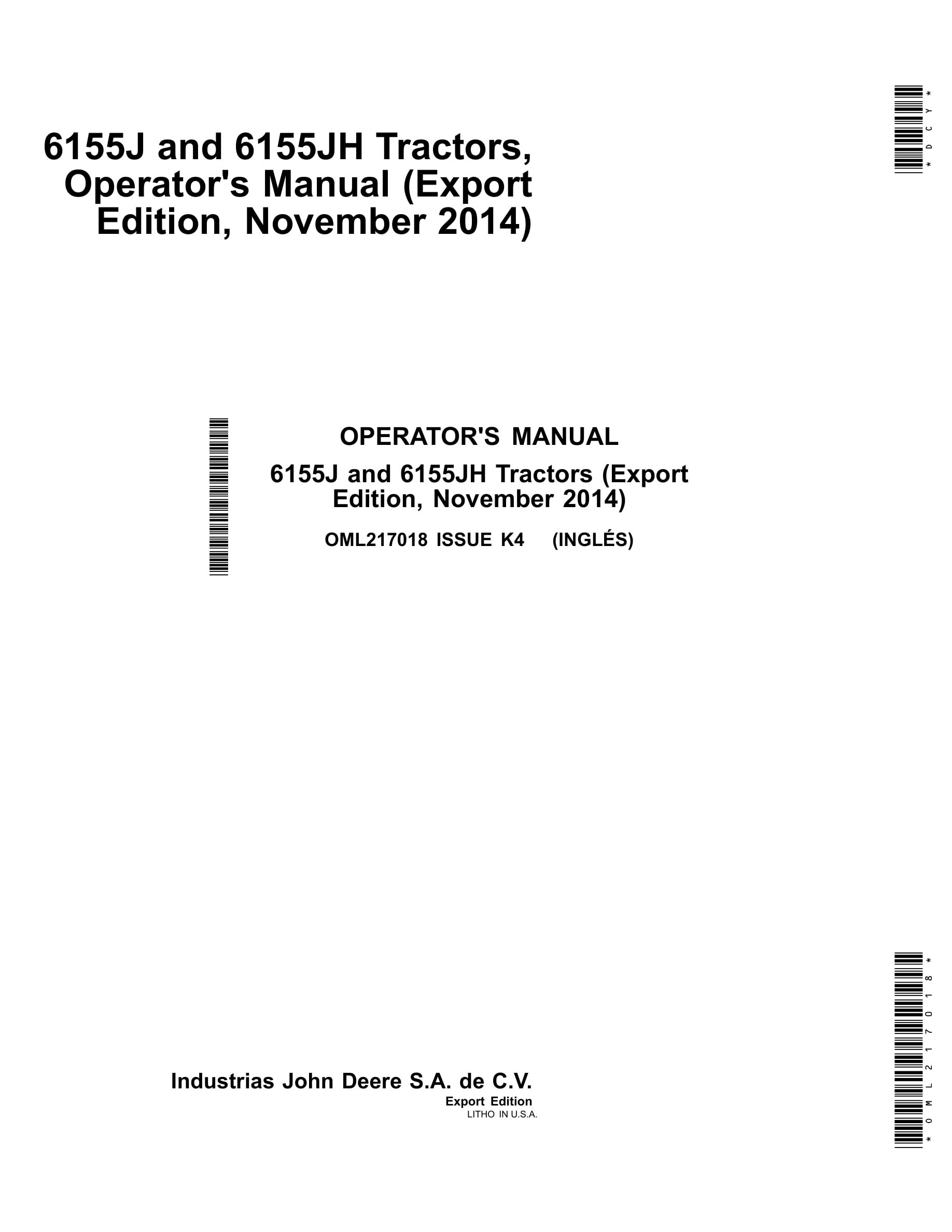 John Deere 6155j And 6155jh Tractors Operator Manuals OML217018-1