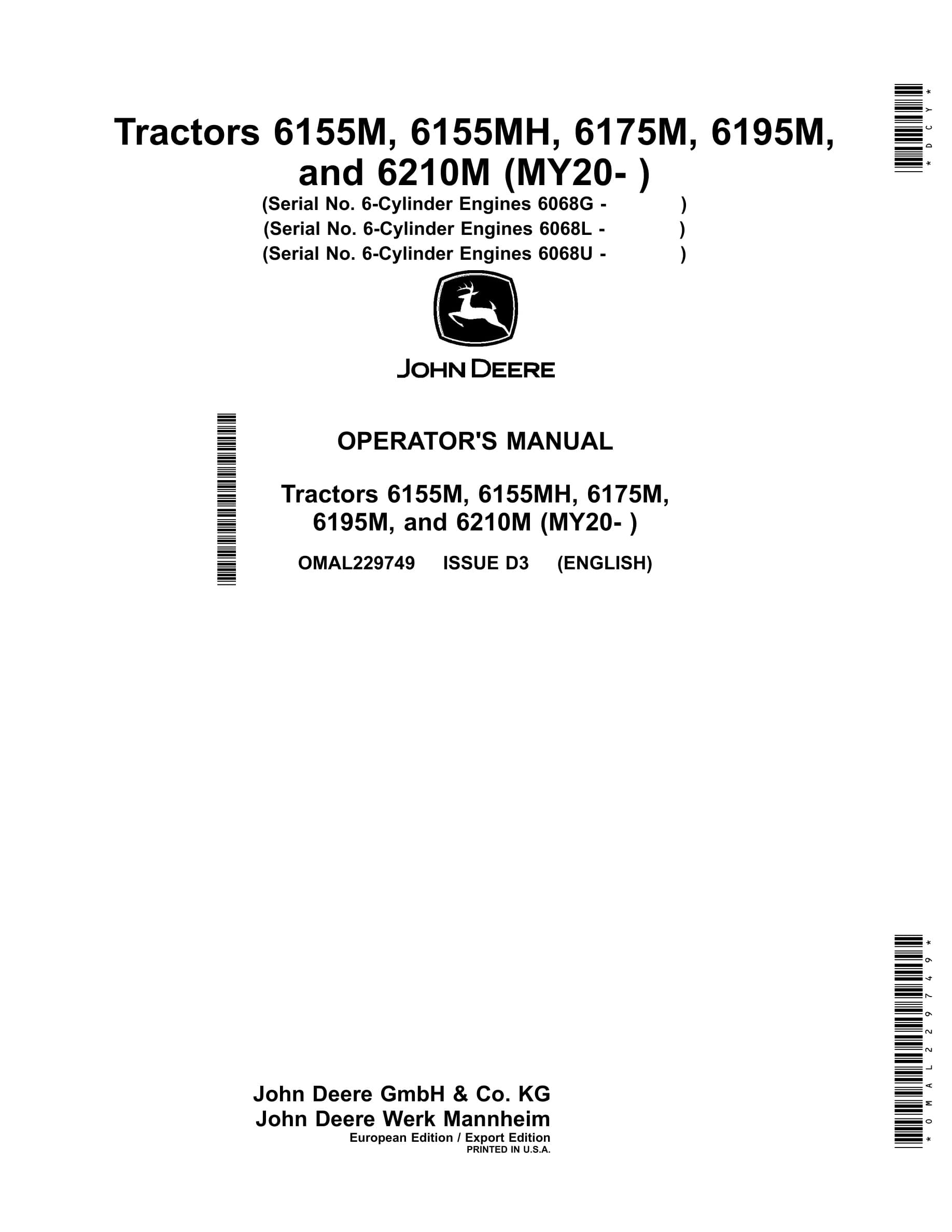 John Deere 6155m, 6155mh, 6175m, And 6195m (my20- ) Tractors Operator Manuals OMAL229749-1