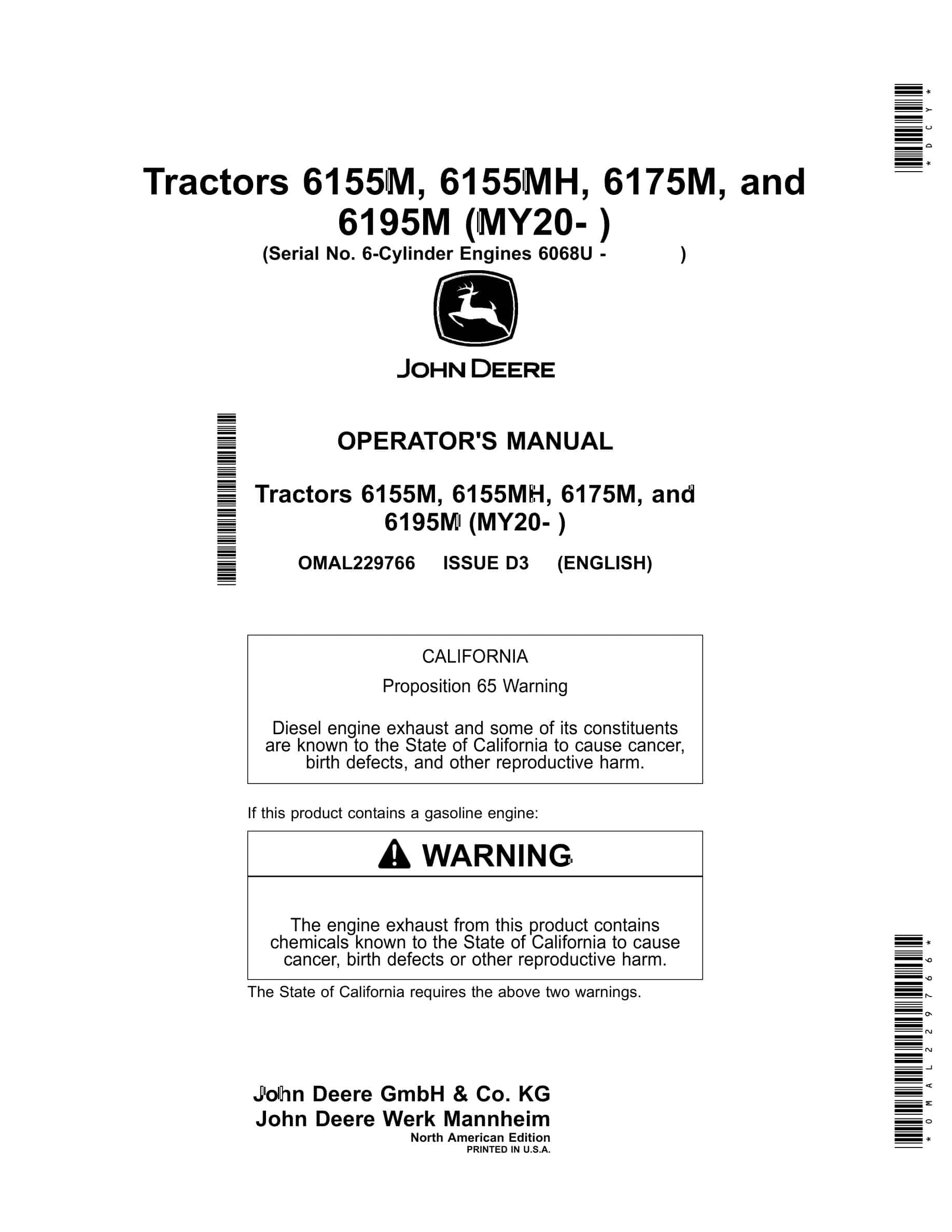 John Deere 6155m, 6155mh, 6175m, And 6195m (my20- ) Tractors Operator Manuals OMAL229766-1