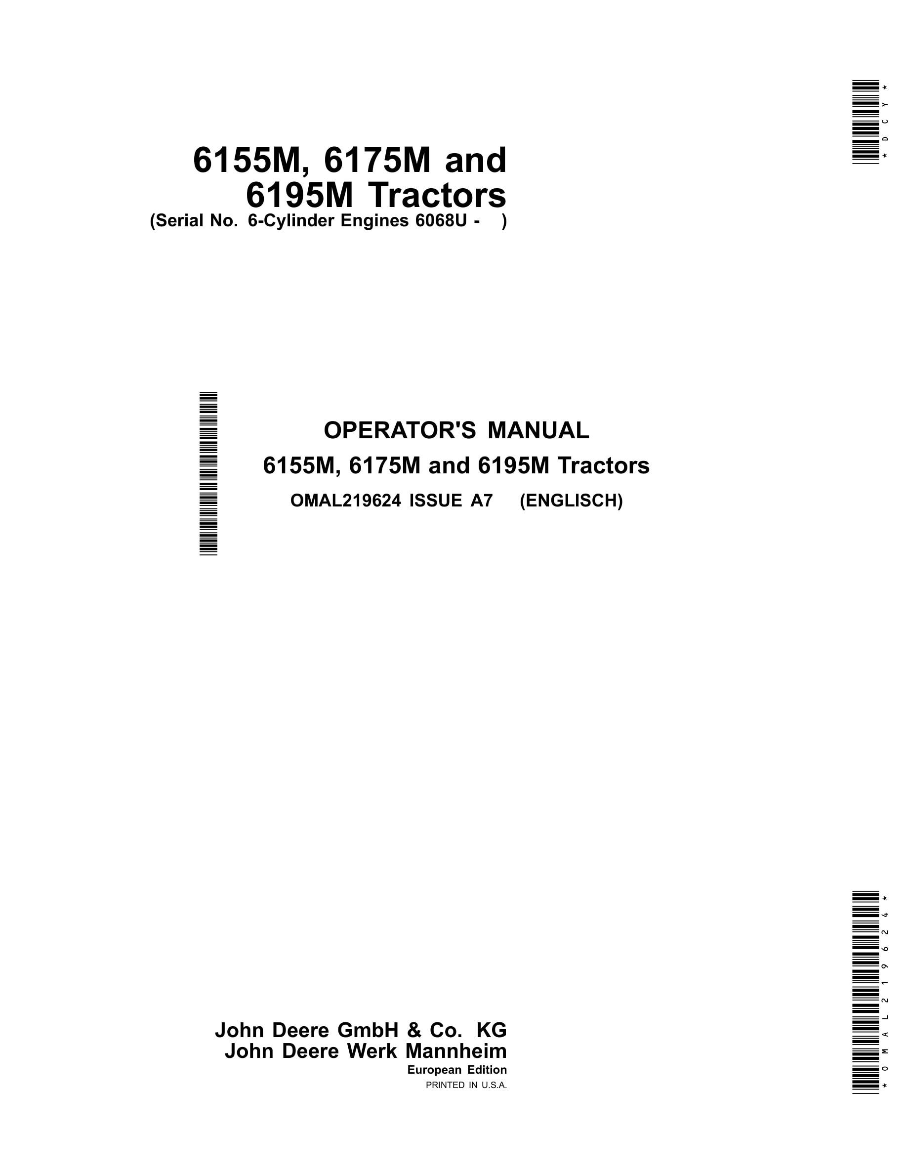 John Deere 6155m, 6175m And 6195m Tractors Operator Manuals OMAL219624-1