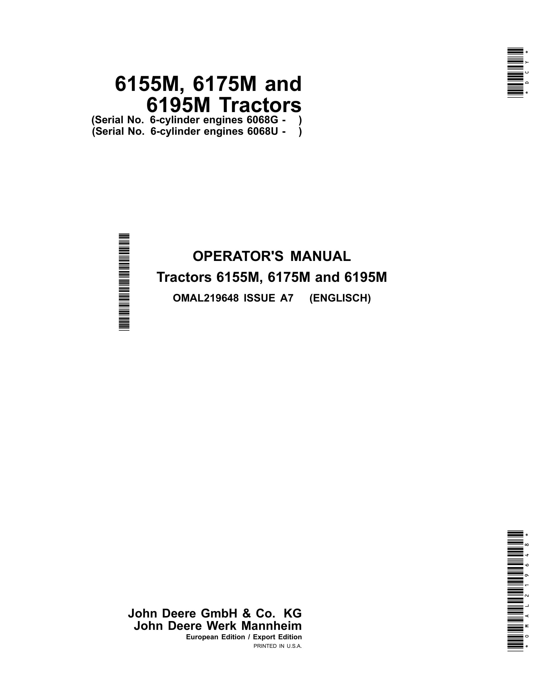 John Deere 6155m, 6175m And 6195m Tractors Operator Manuals OMAL219648-1