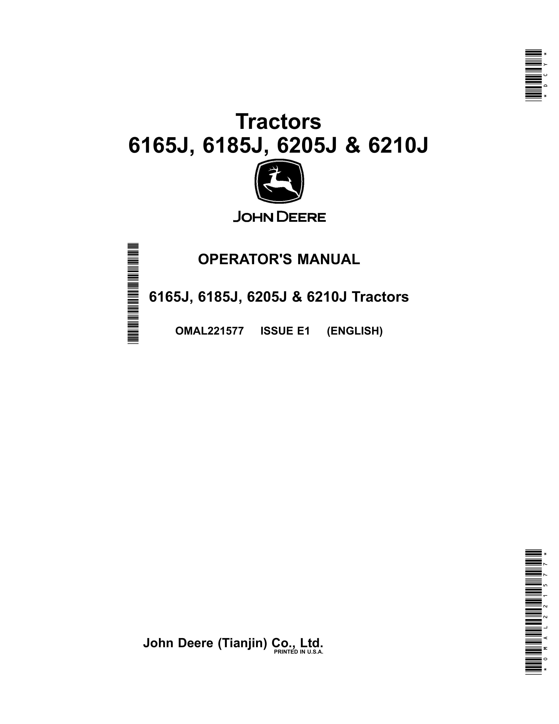 John Deere 6165j, 6185j, 6205j & 6210j Tractors Operator Manuals OMAL221577-1