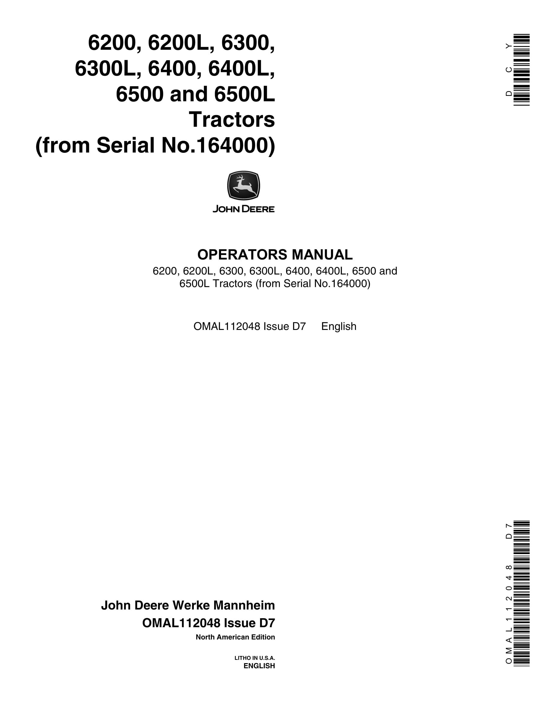 John Deere 6200 6200l 6300 6300l 6400 6400l 6500 6500l Tractors Operator Manuals OMAL112048-1