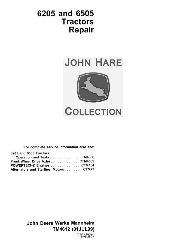 John Deere 6205 6505 Tractor Repair Manual TM4612