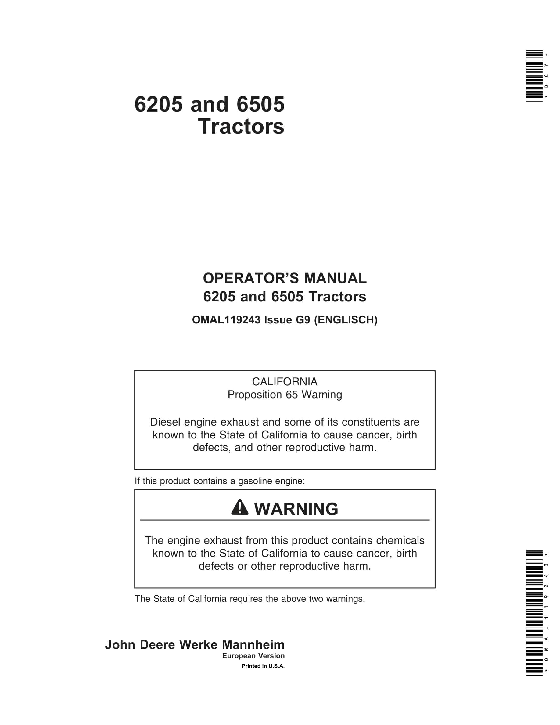 John Deere 6205 And 6505 Tractors Operator Manuals OMAL119243-1