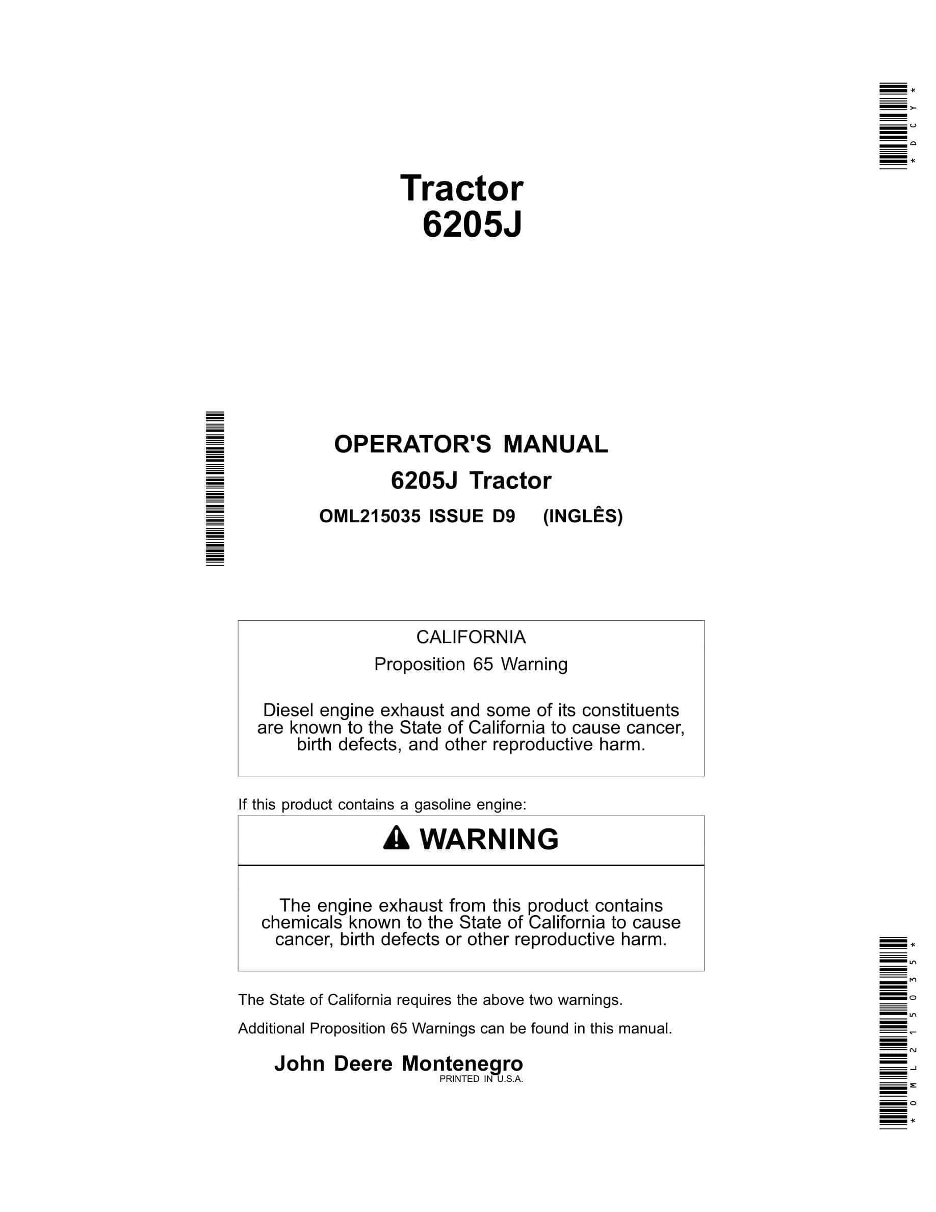 John Deere 6205j Tractors Operator Manual OML215035-1