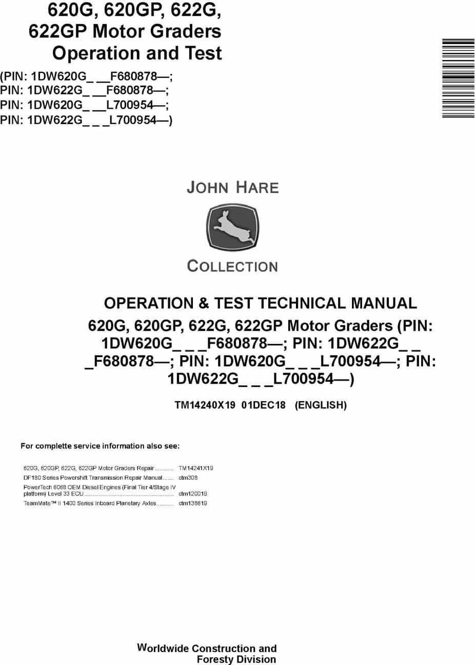 John Deere 620G 620GP 622G 622GP Motor Grader Operation Test Technical Manual TM14240X19