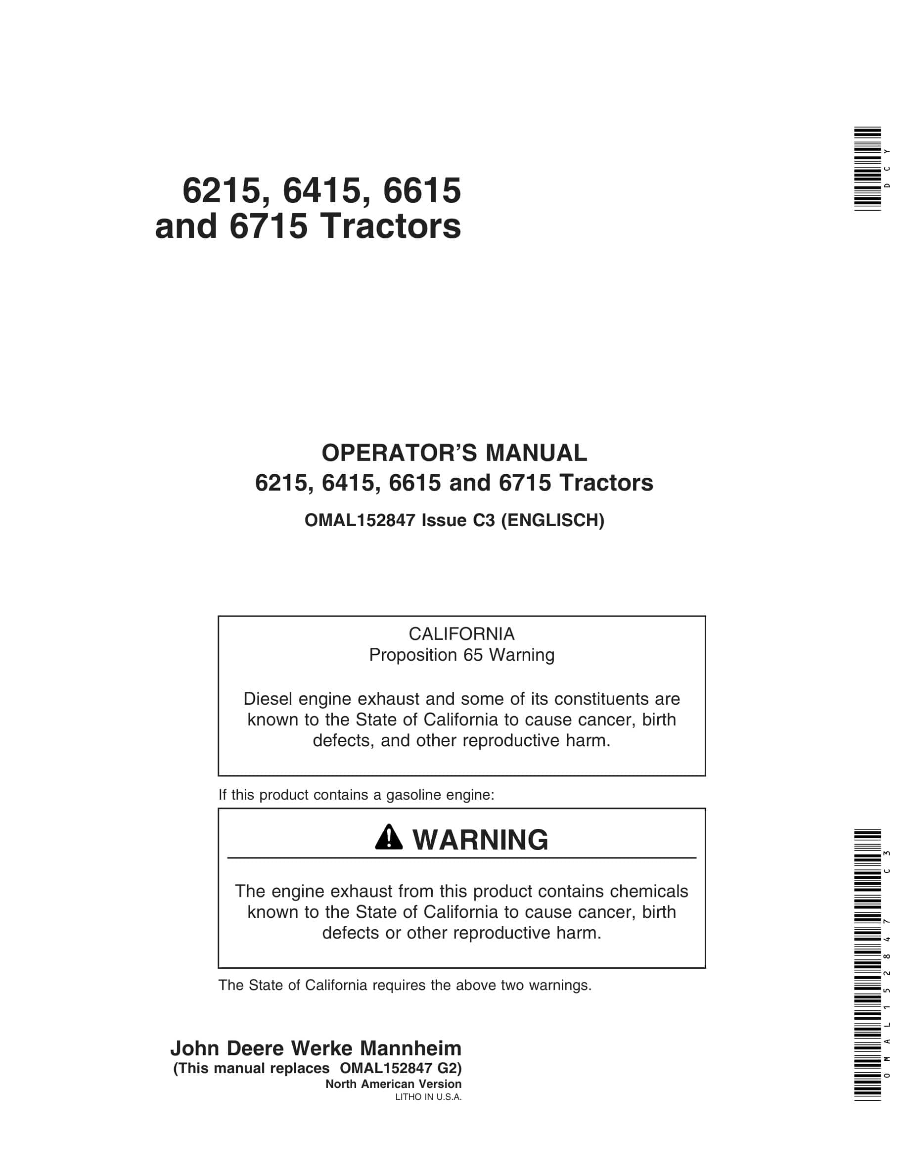 John Deere 6215, 6415, 6615 And 6715 Tractors Operator Manuals OMAL152847-1