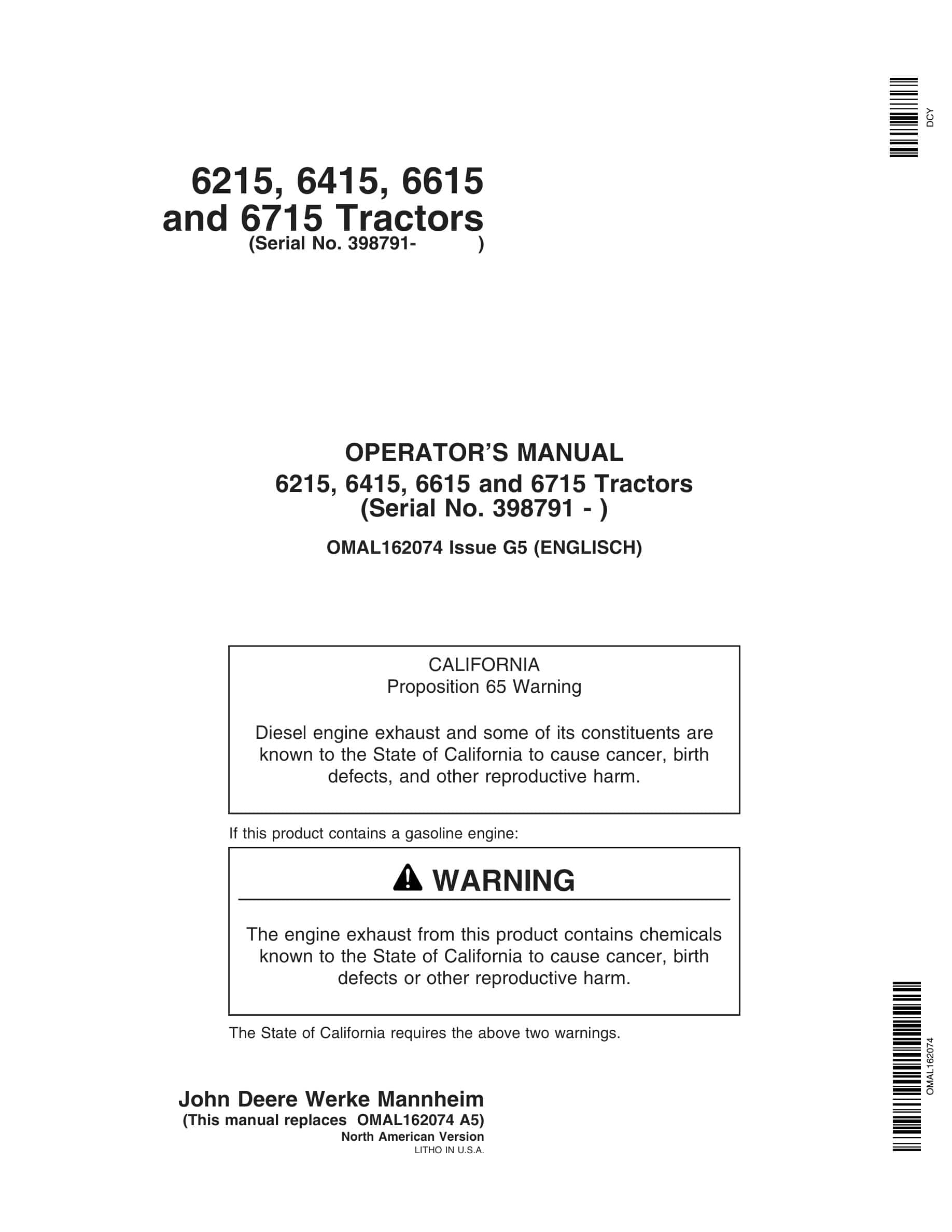 John Deere 6215, 6415, 6615 and 6715 Tractor Operator Manual OMAL162074-1