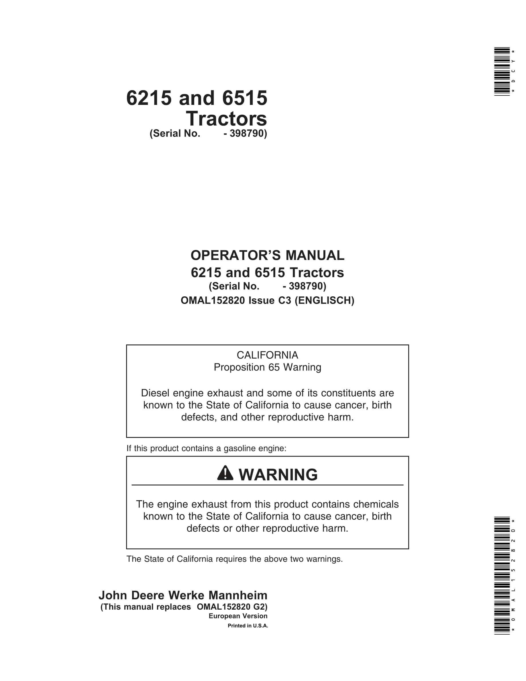 John Deere 6215 And 6515 Tractors Operator Manuals OMAL152820-1