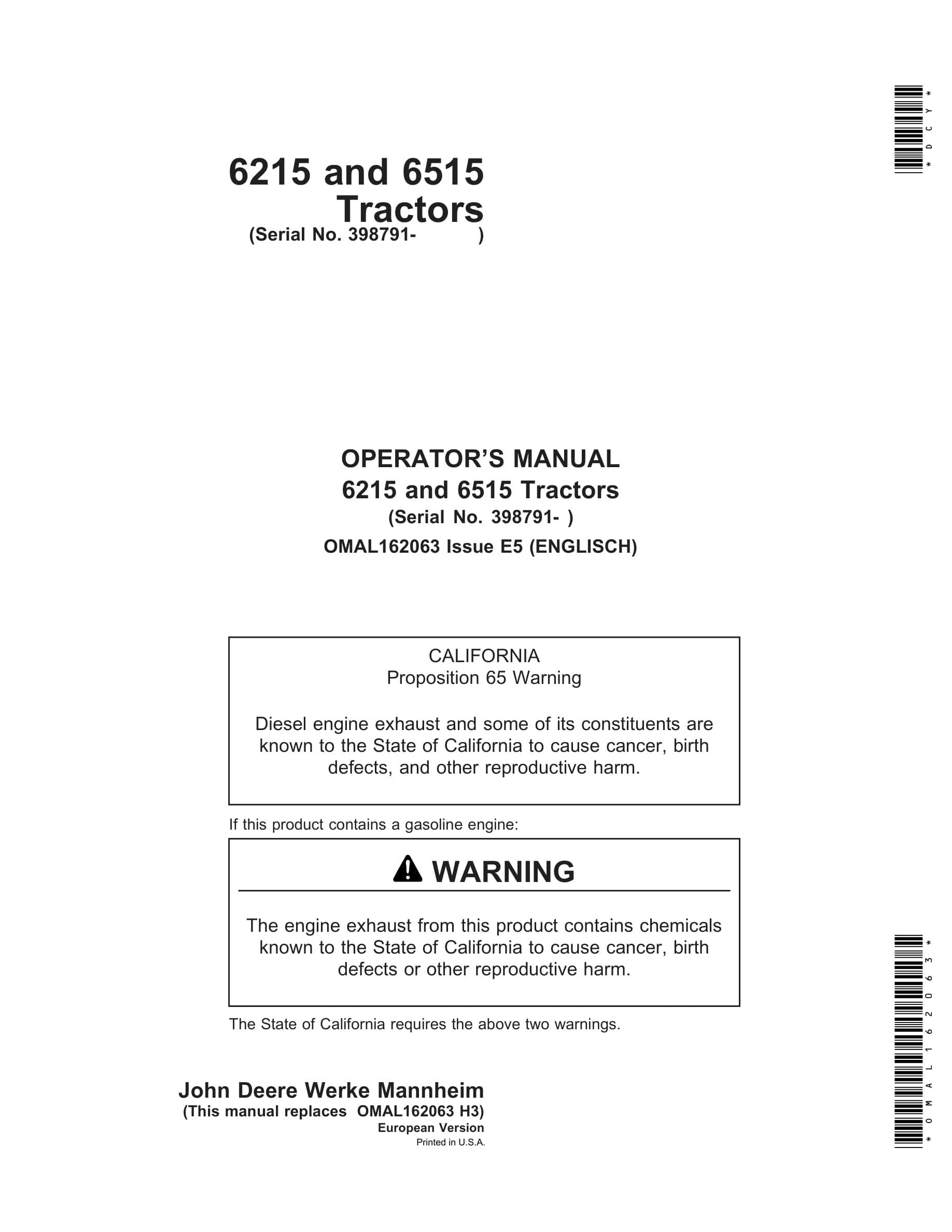 John Deere 6215 And 6515 Tractors Operator Manuals OMAL162063-1