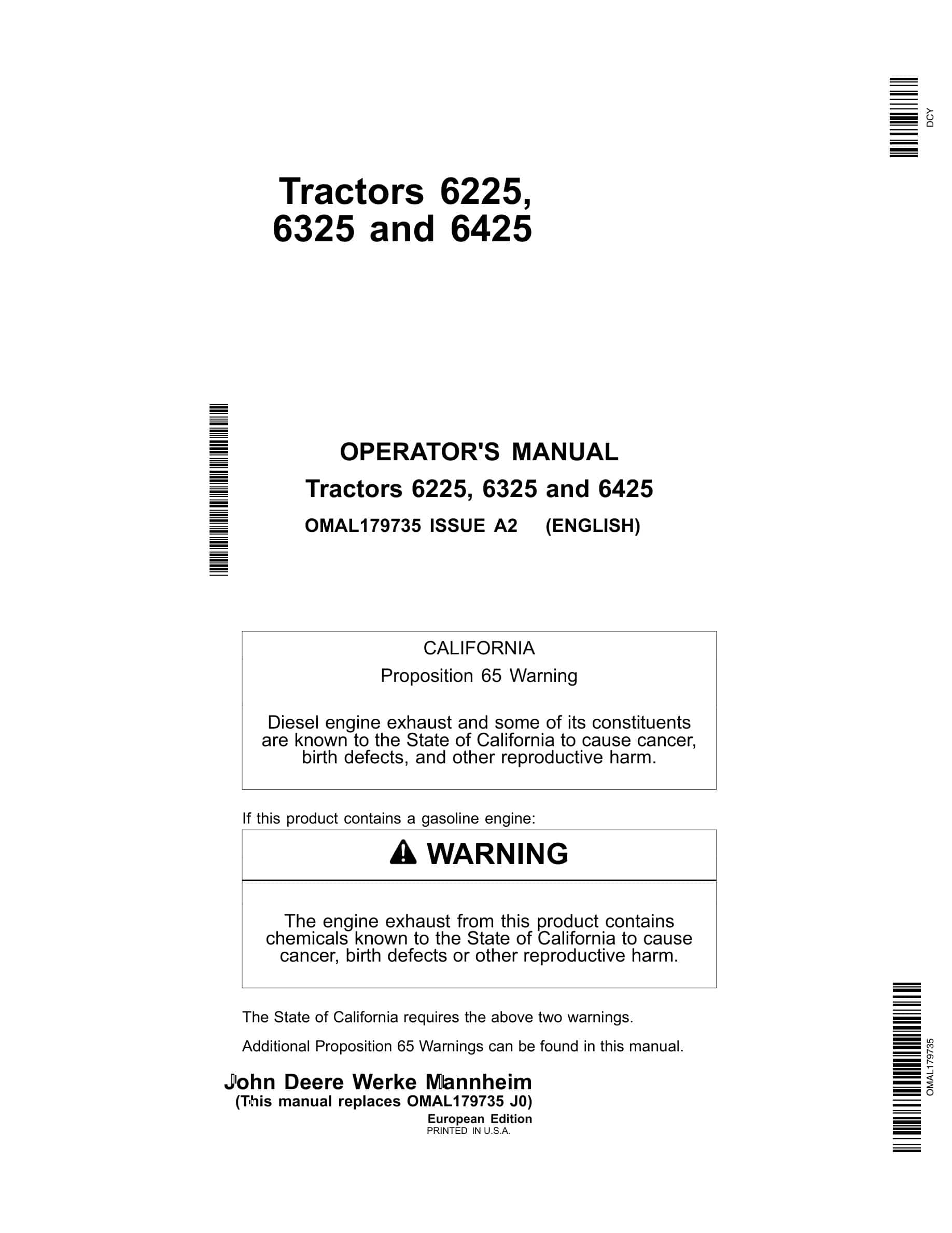 John Deere 6225, 6325 And 6425 Tractors Operator Manuals OMAL179735-1