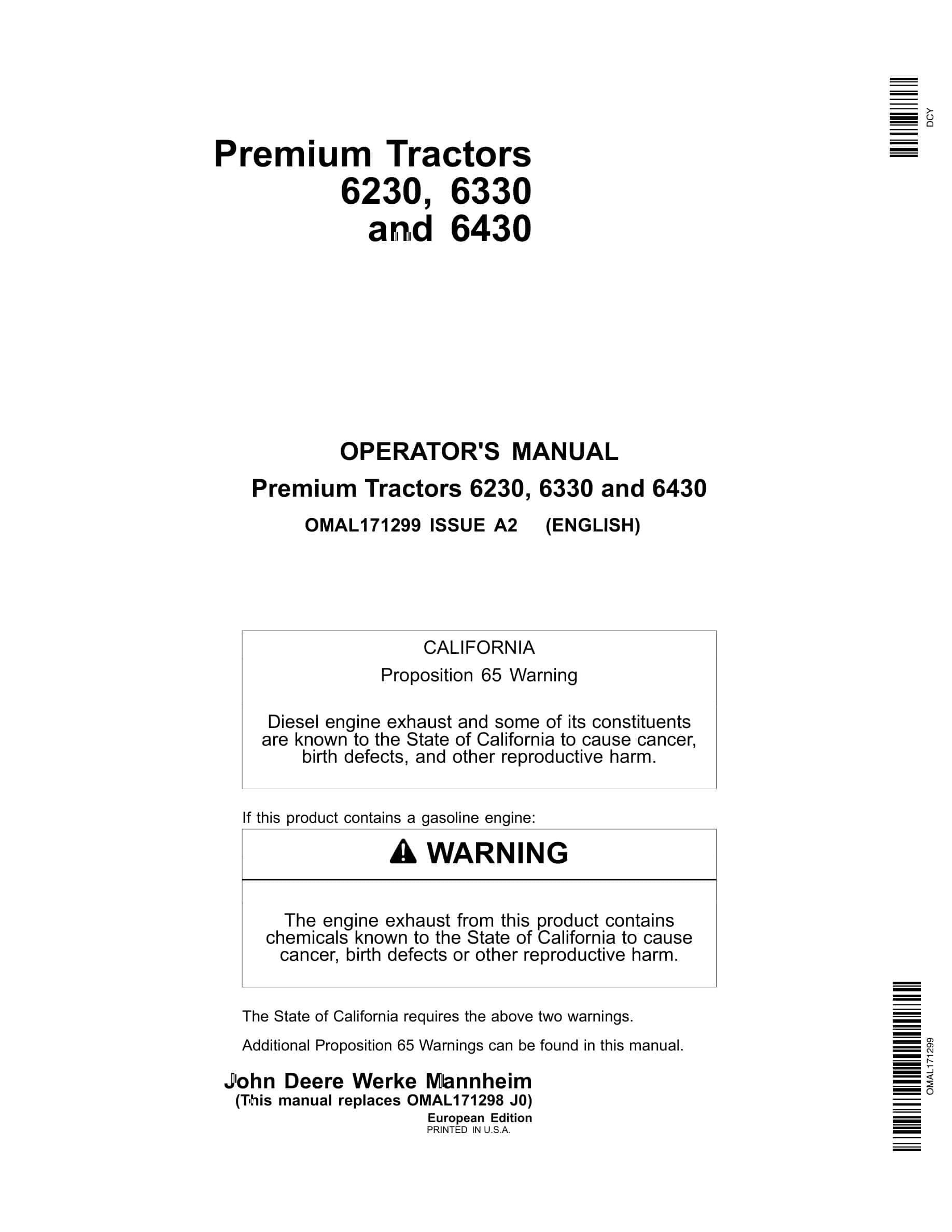 John Deere 6230, 6330 And 6430 Premium Tractors Operator Manuals OMAL171299-1