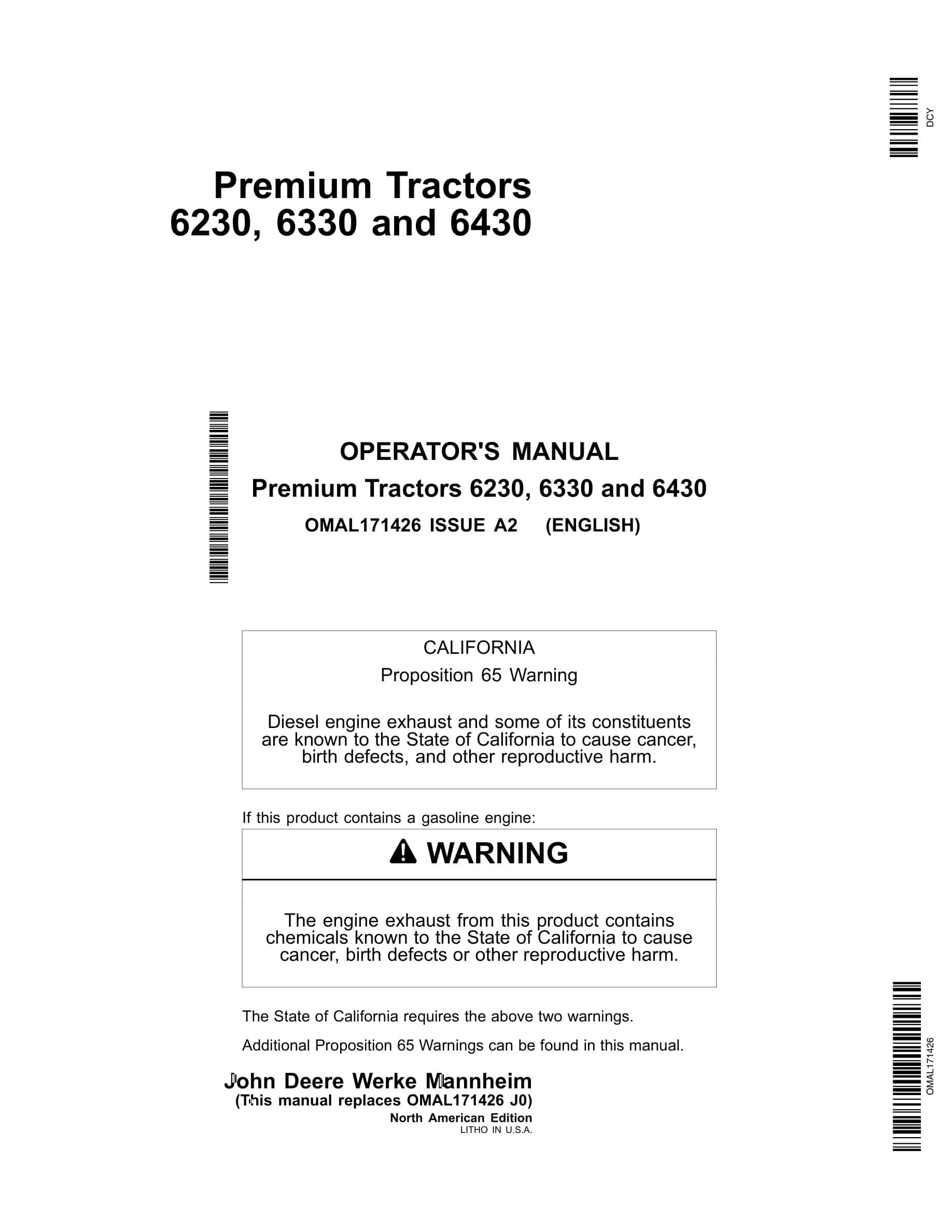 John Deere 6230, 6330 and 6430 Tractor Operator Manual OMAL171426-1