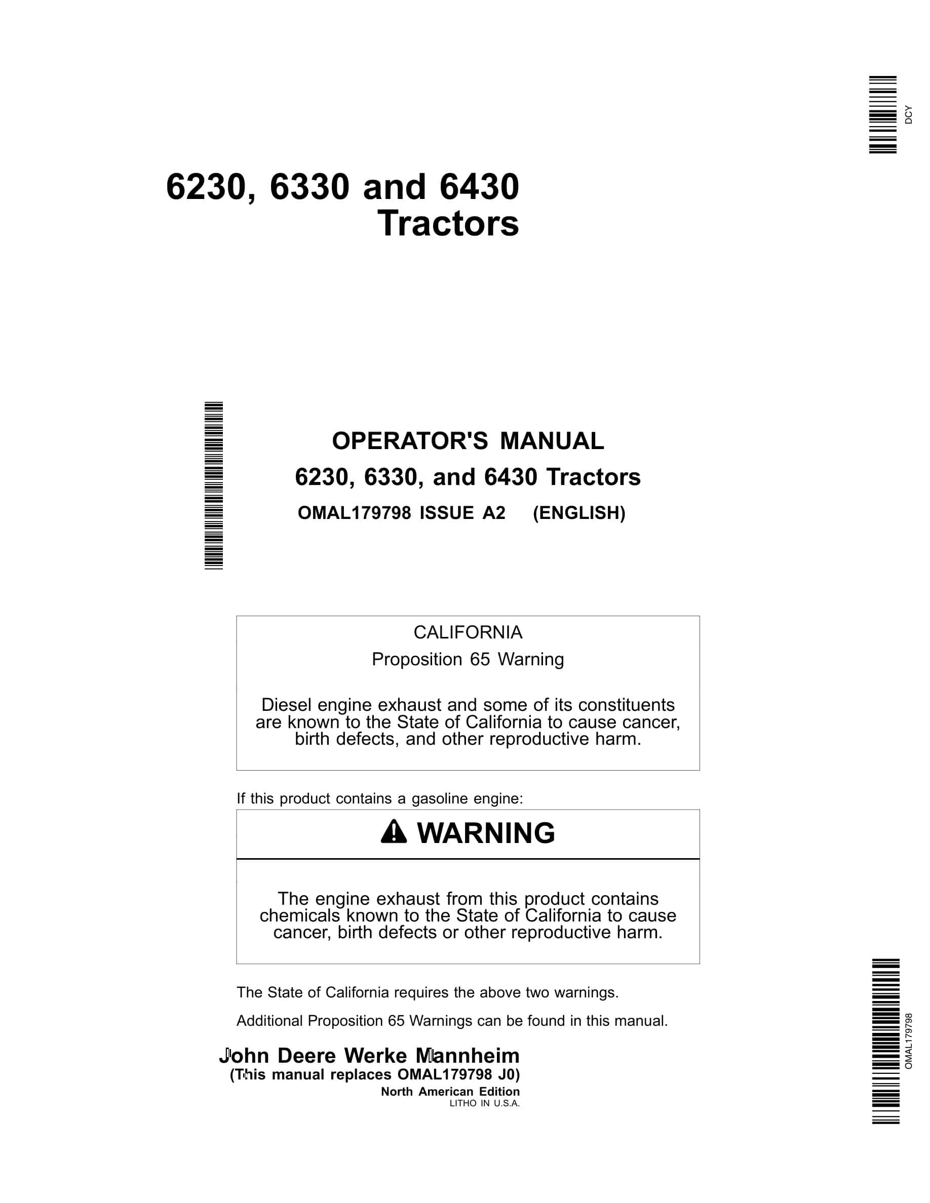 John Deere 6230, 6330, and 6430 Tractor Operator Manual OMAL179798-1