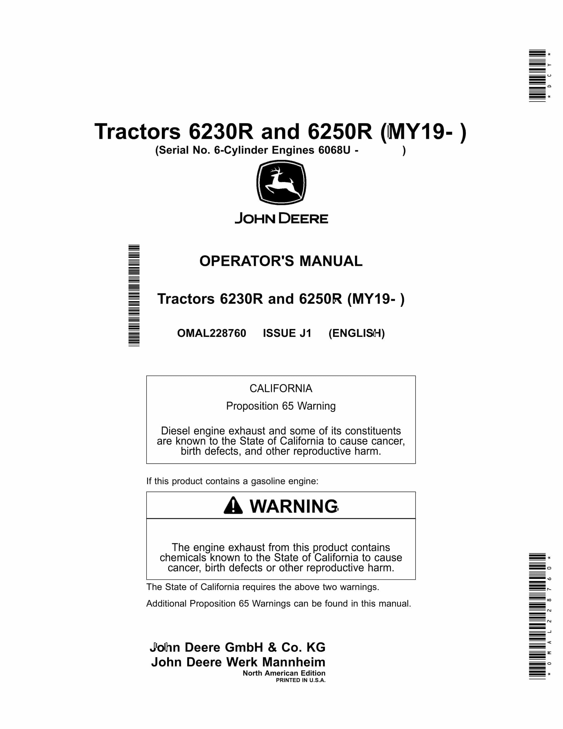 John Deere 6230R and 6250R Tractor Operator Manual OMAL228760-1