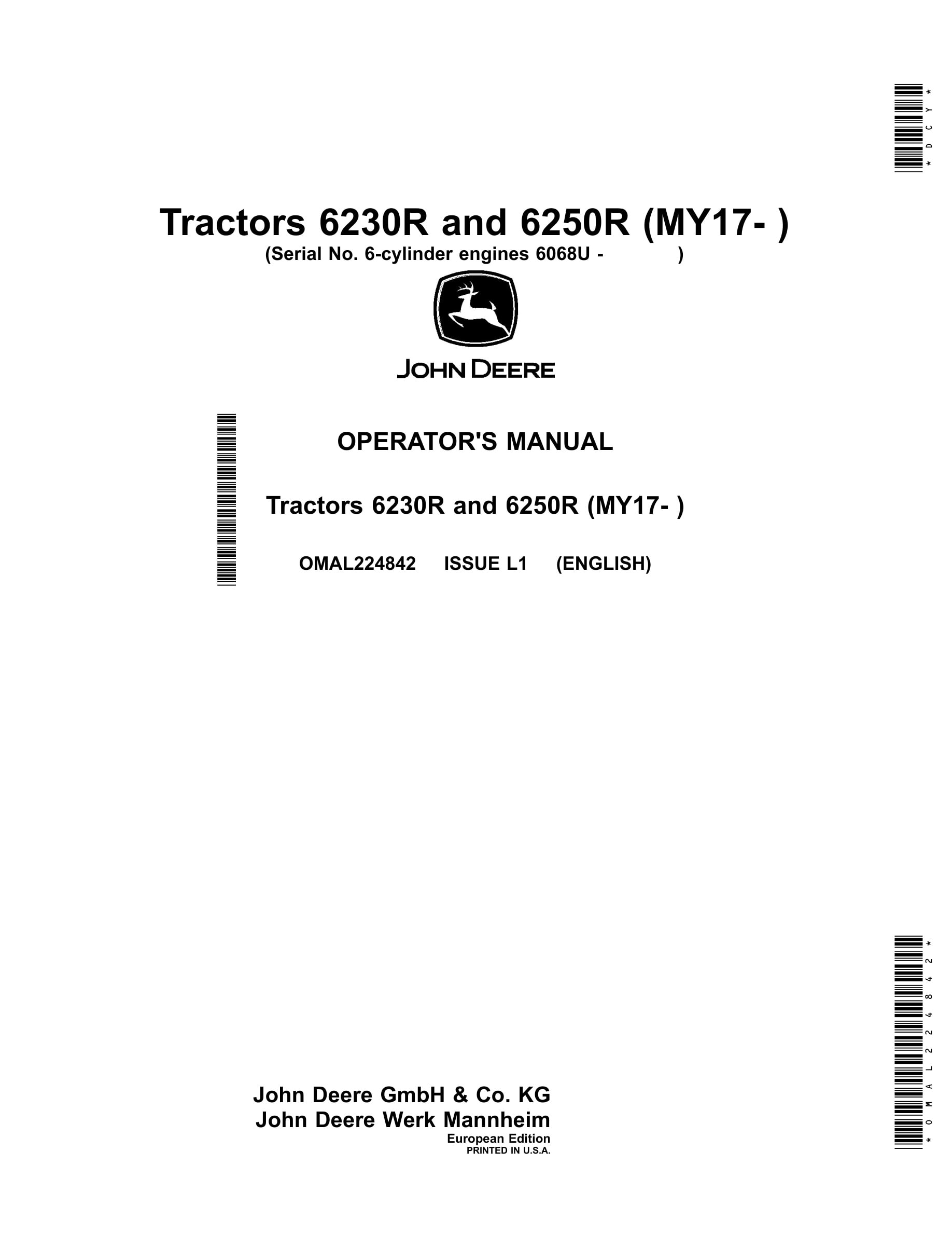 John Deere 6230r And 6250r Tractors Operator Manuals OMAL224842-1