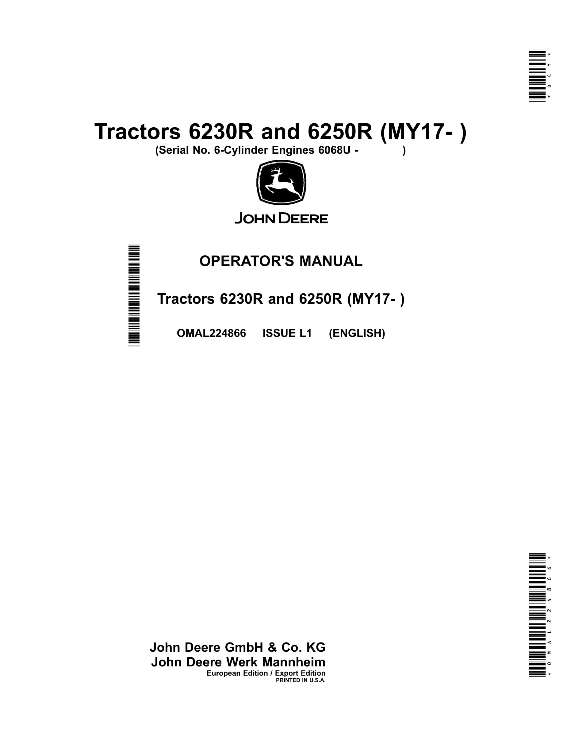 John Deere 6230r And 6250r Tractors Operator Manuals OMAL224866-1