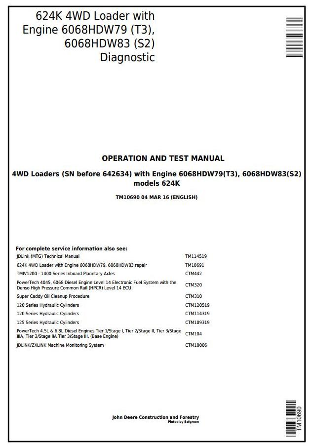 John Deere 624K 4WD Loader Diagnostic Operation Test Manual TM10690