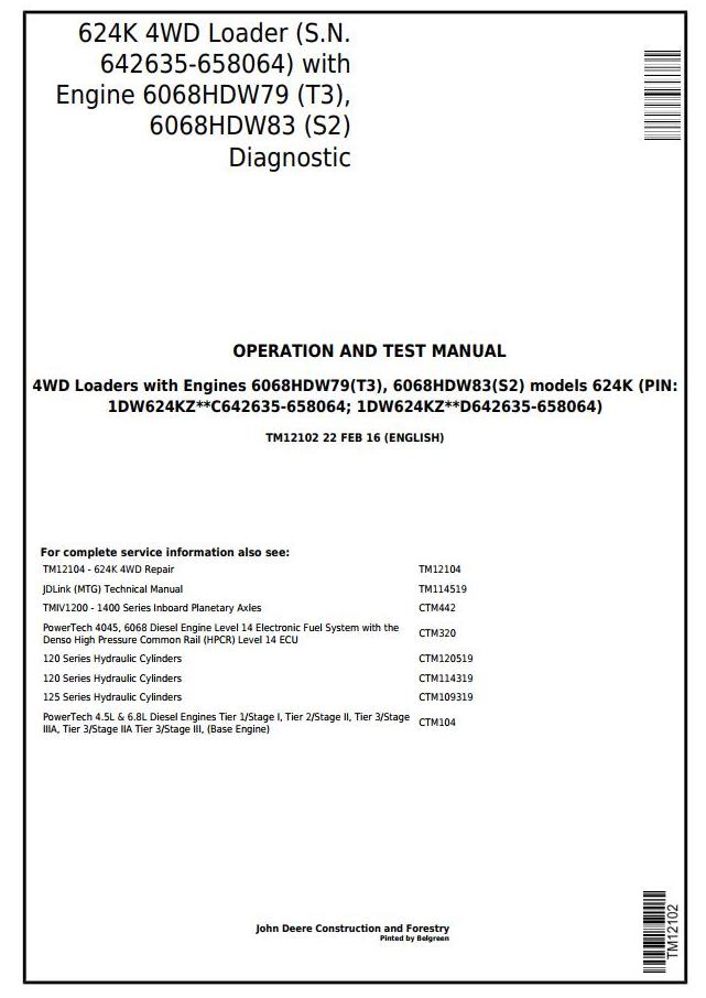 John Deere 624K 4WD Loader Diagnostic Operation Test Manual TM12102