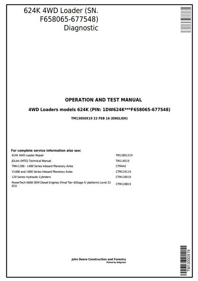 John Deere 624K 4WD Loader Diagnostic Operation Test Manual TM13050X19