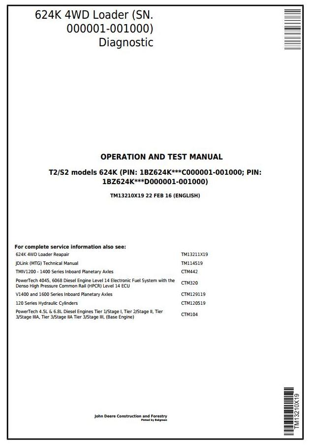 John Deere 624K 4WD Loader Diagnostic Operation Test Manual TM13210X19
