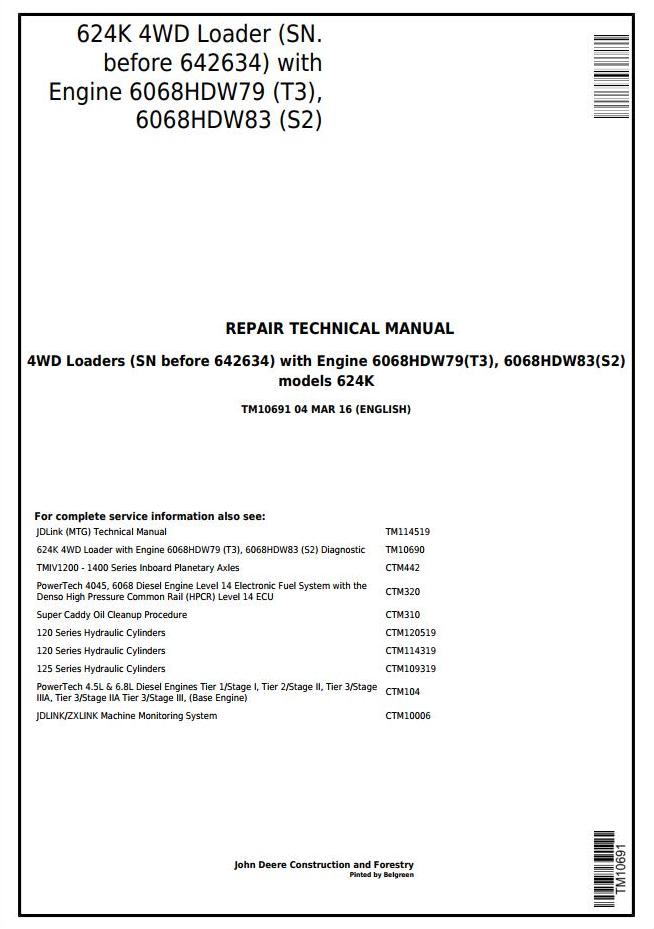 John Deere 624K 4WD Loader Repair Technical Manual TM10691