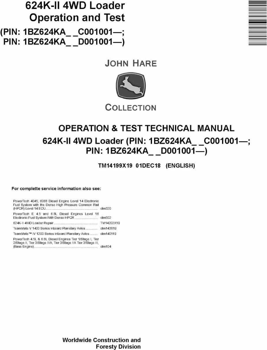 John Deere 624K-II 4WD Loader Operation Test Technical Manual TM14199X19