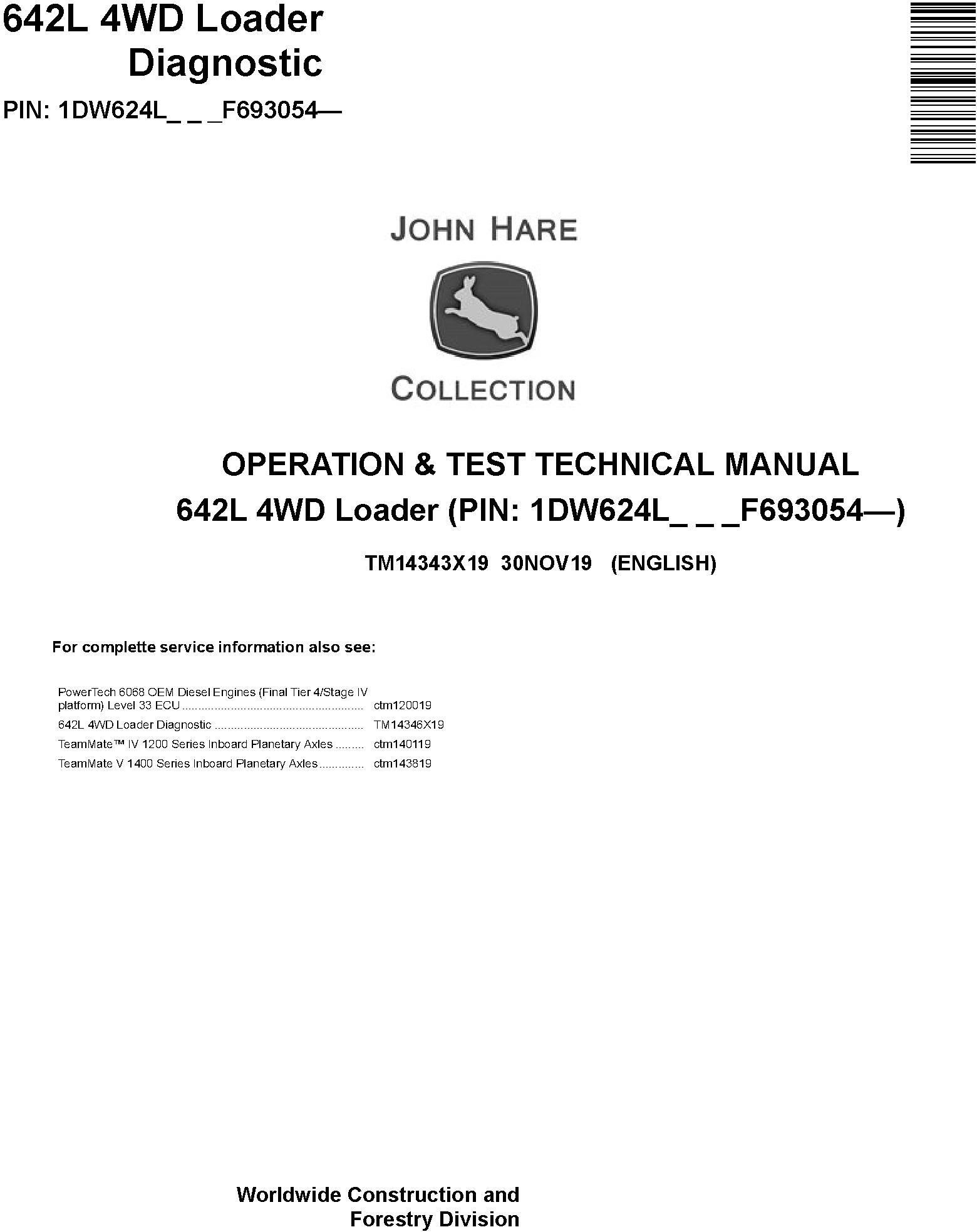 John Deere 624L 4WD Loader Operation Test Technical Manual TM14343X19