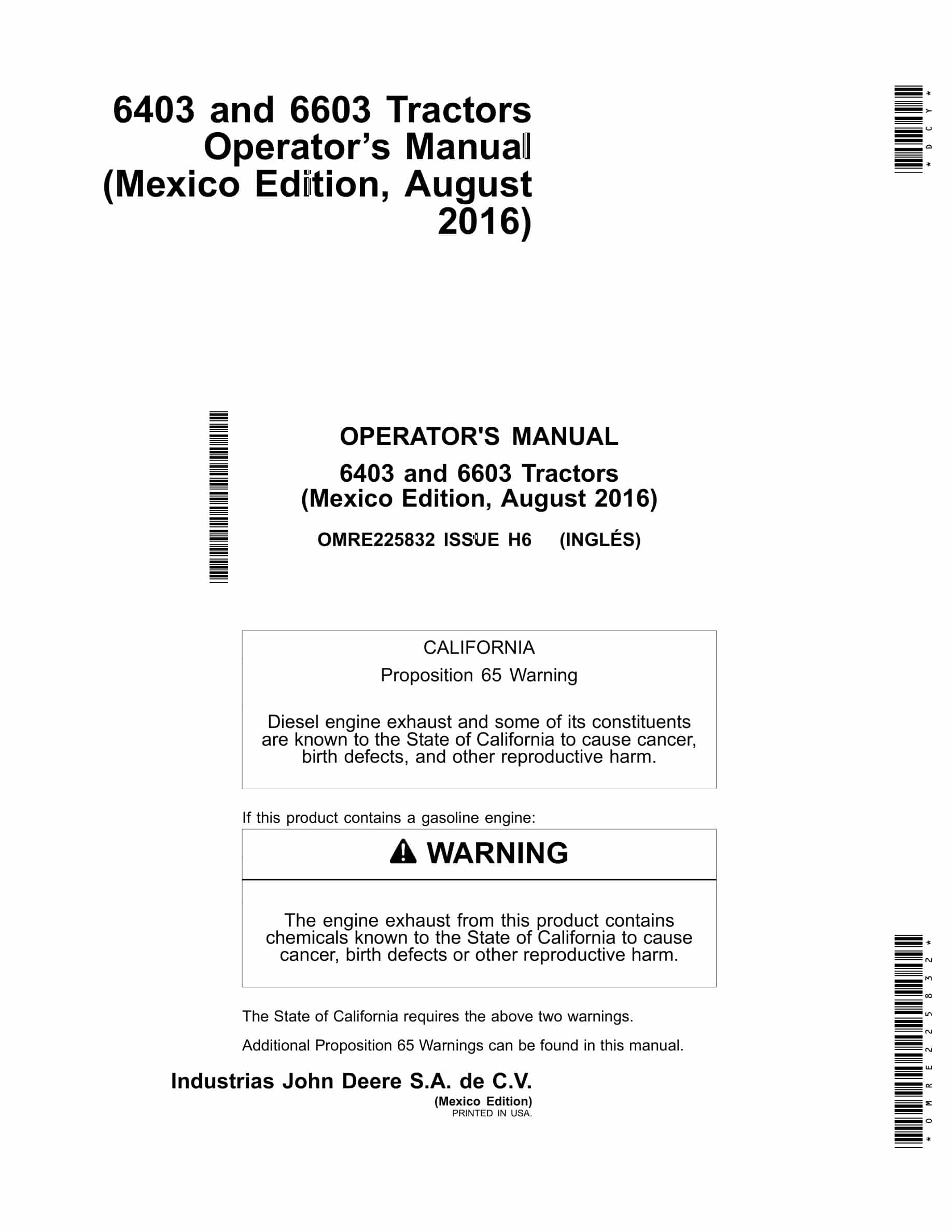 John Deere 6403 And 6603 Tractors Operator Manuals OMRE225832-1