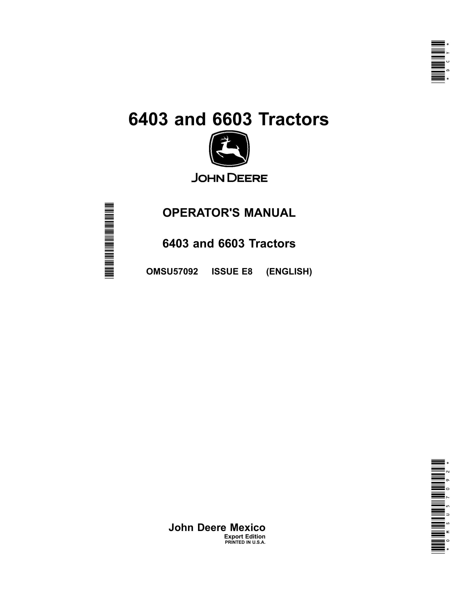 John Deere 6403 And 6603 Tractors Operator Manuals OMSU57092-1