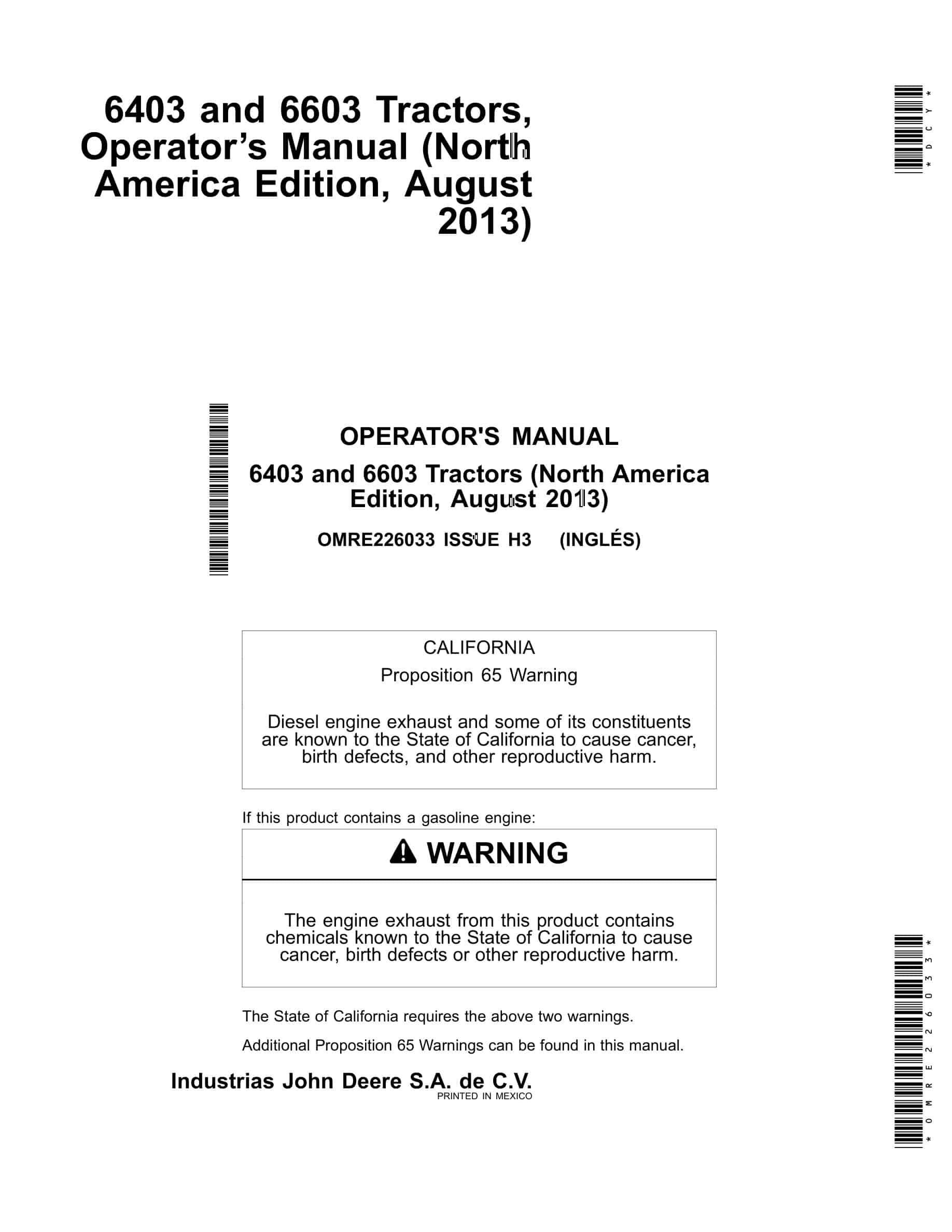 John Deere 6403 and 6603 Tractor Operator Manual OMRE226033-1
