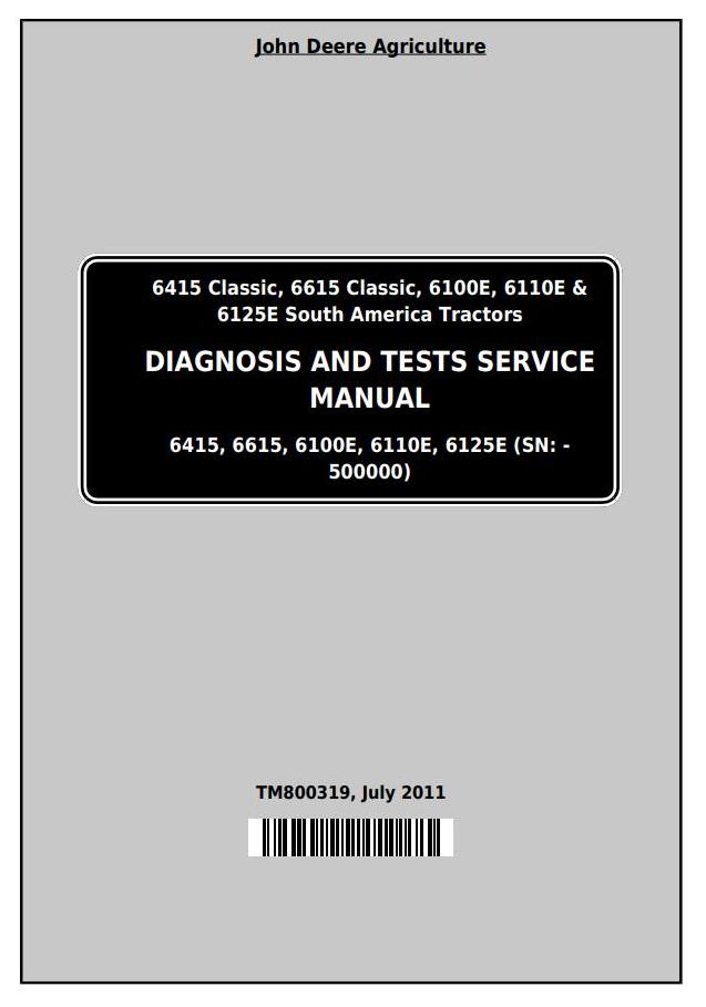 John Deere 6415 6615 6100E 6110E 6125E Tractor Diagnostic Test Service Manual TM800319