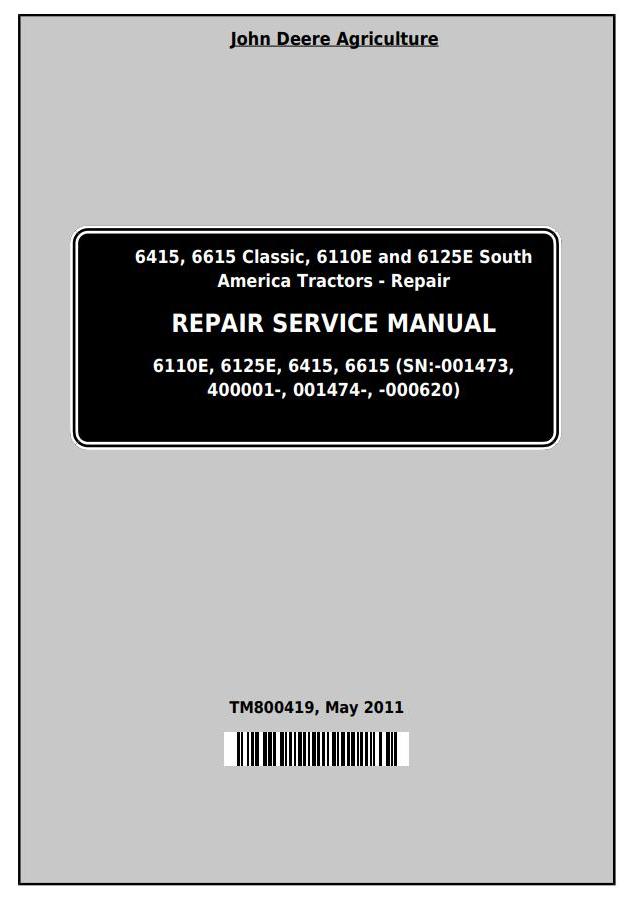 John Deere 6415 6615 6110E 6125E Tractor Repair Service Manual TM800419
