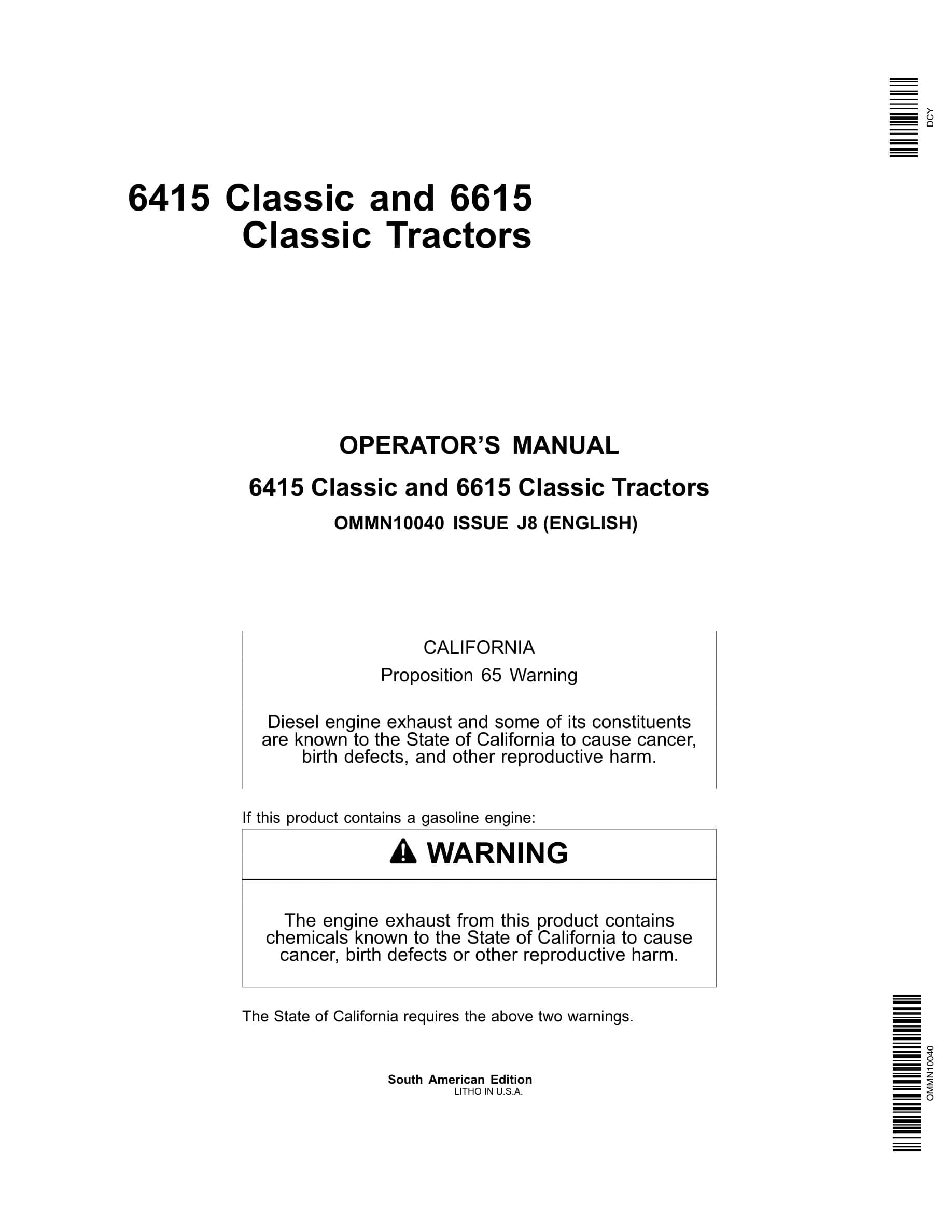 John Deere 6415 6615 Classic Tractors Operator Manuals OMMn10040-1