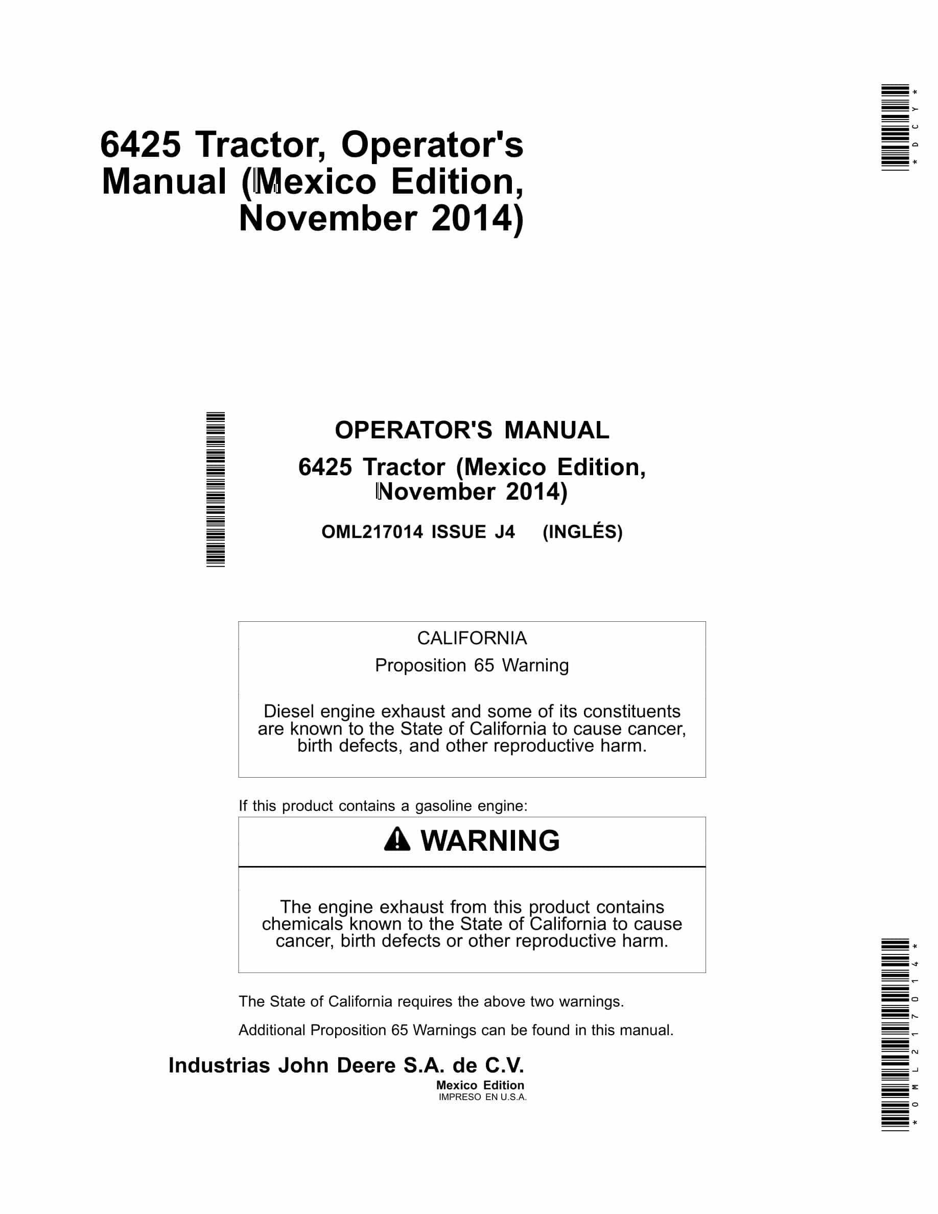 John Deere 6425 Tractors Operator Manual OML217014-1