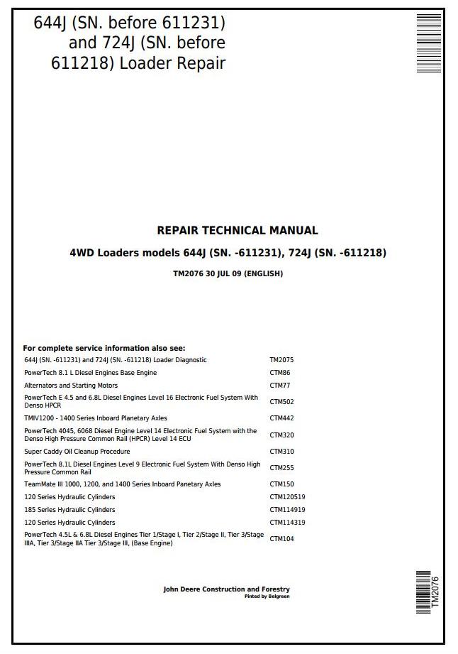 John Deere 644J 724J 4WD Loader Repair Technical Manual TM2076
