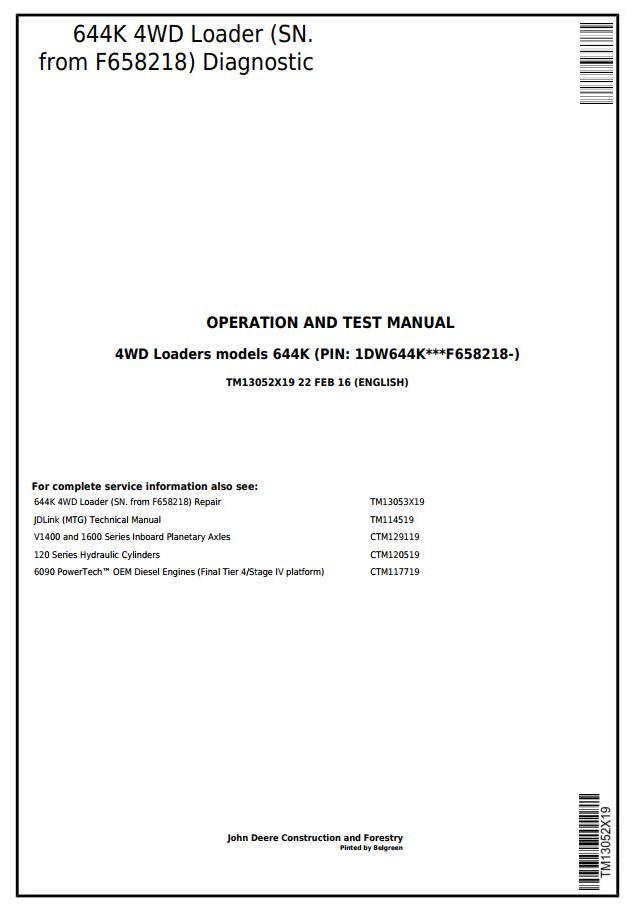 John Deere 644K 4WD Loader Diagnostic Operation Test Manual TM13052X19