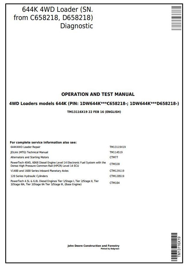 John Deere 644K 4WD Loader Diagnostic Operation Test Manual TM13116X19