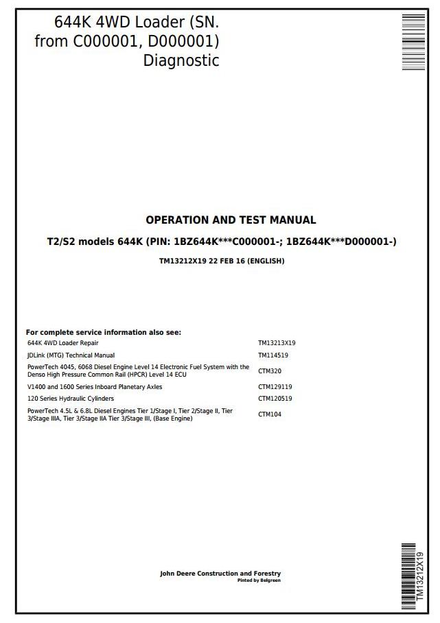 John Deere 644K 4WD Loader Diagnostic Operation Test Manual TM13212X19