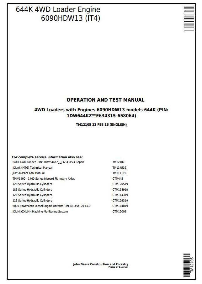 John Deere 644K 4WD Loader Operation Test Manual TM12105